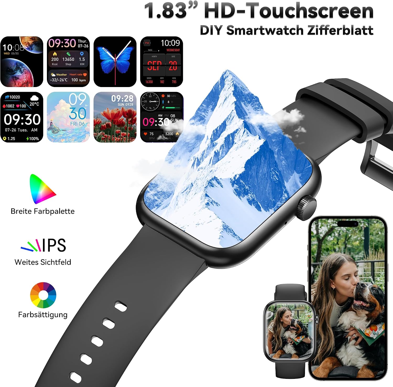 Smartwatch Damen Herren, 1.83" HD Fitness Tracker mit Schrittzähler/Blutdruckmessung/Pulsuhren/Telefonfunktion, Schlaftracker, 120+ Sportmodi, IP68 Wasserdicht Fitnessuhr&Sportuhr für Iphone Android – Bild 6