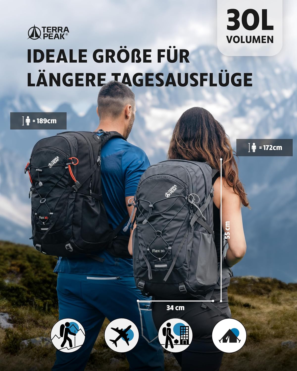 Terra Peak® Premium Wanderrucksack 30L (FLEX 30) für Damen & Herren mittelgroß mit Rückenbelüftung, Regenschutz & Trinksystem-Halterung - Trekkingrucksack ergonomisch aus 3D Air Mesh & Hüftgurt – Bild 2