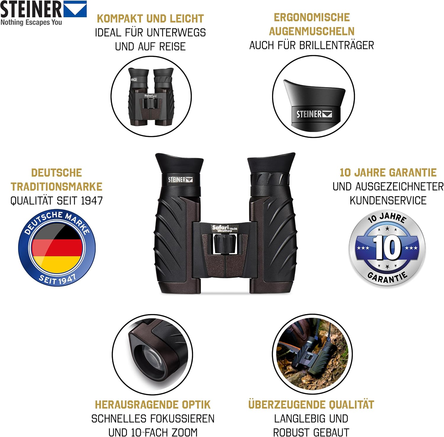 STEINER Fernglas Safari UltraSharp 10x26 - Deutsche Marken-Qualität, 10 Jahre Garantie, Testsieger, für Erwachsene & Kinder, kompakt & leicht, robust, ideal zum Wandern oder auf Reise – Bild 2