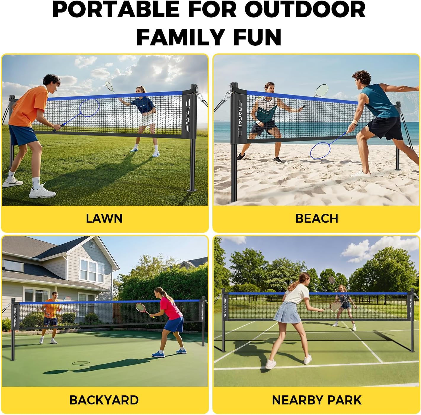BAGAIL Professionelles Badmintonnetz-Set, TurnierschANDARD 6,1m x 1,55m, Allwettertauglich PE-Netz, 5-Minuten-Montage, Mit 4 Schlägern, 3 Schittern und Tragetasche – Bild 7