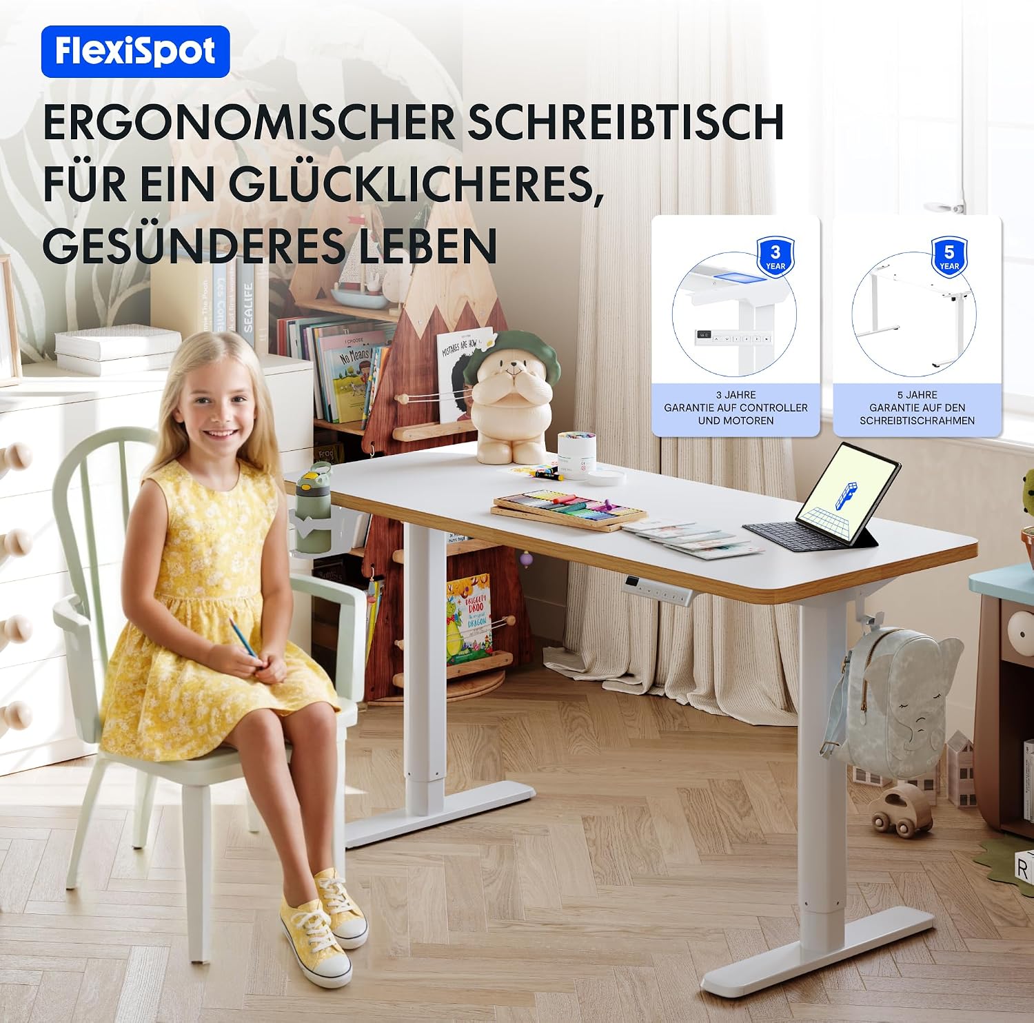 FLEXISPOT Kinderschreibtisch höhenverstellbar elektrisch 110 × 52 cm, Weiß – Bild 10