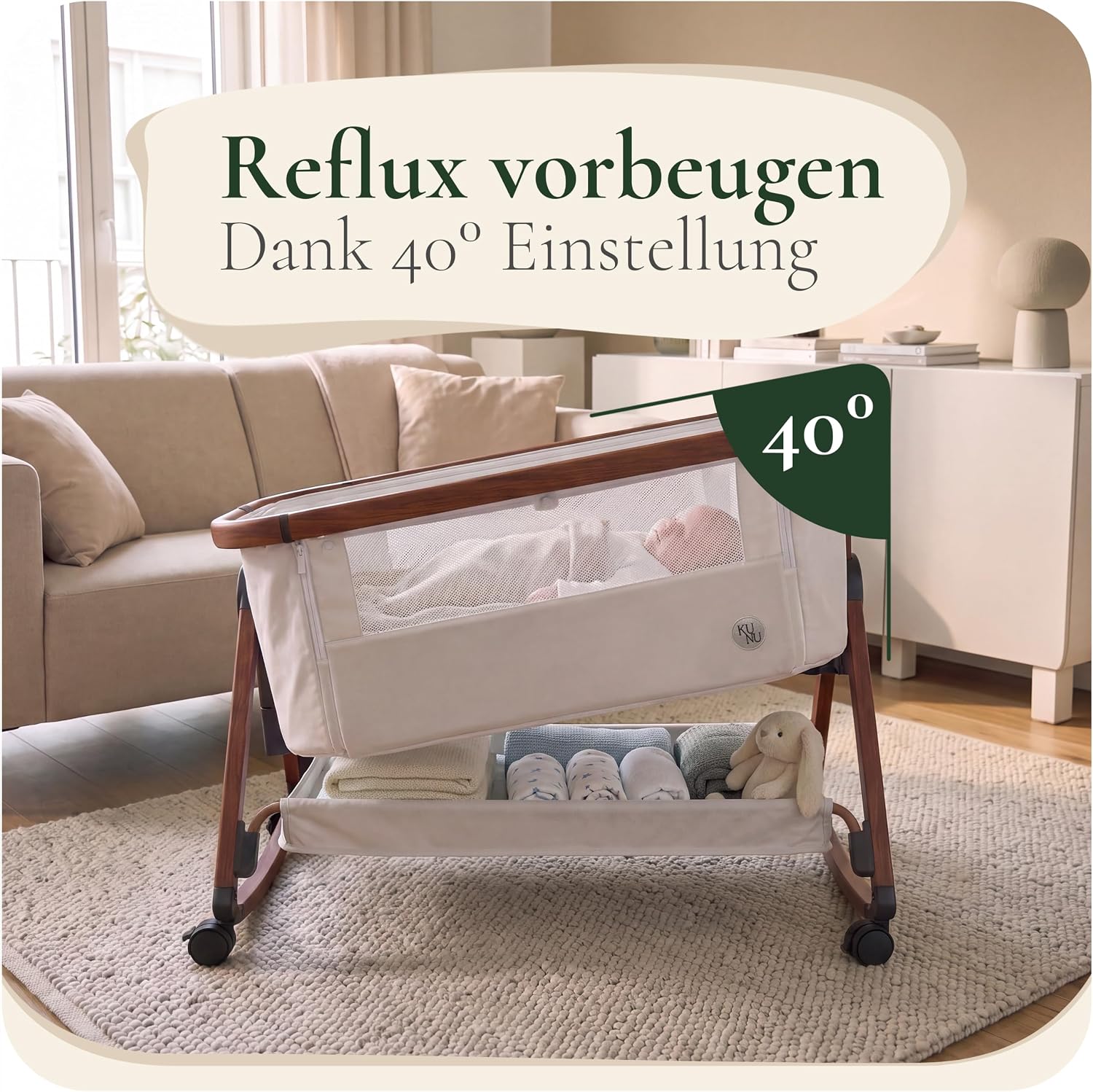 KUNU® Babybett - Beistellbett Baby mit Rollen für Boxspringbett - 3 in 1 rollbares Baby Bett Reise Babywiege - Stubenwagen mit Wiegefunktion & höhenverstellbar - Sicheres Reisebett inkl Reisetasche – Bild 6