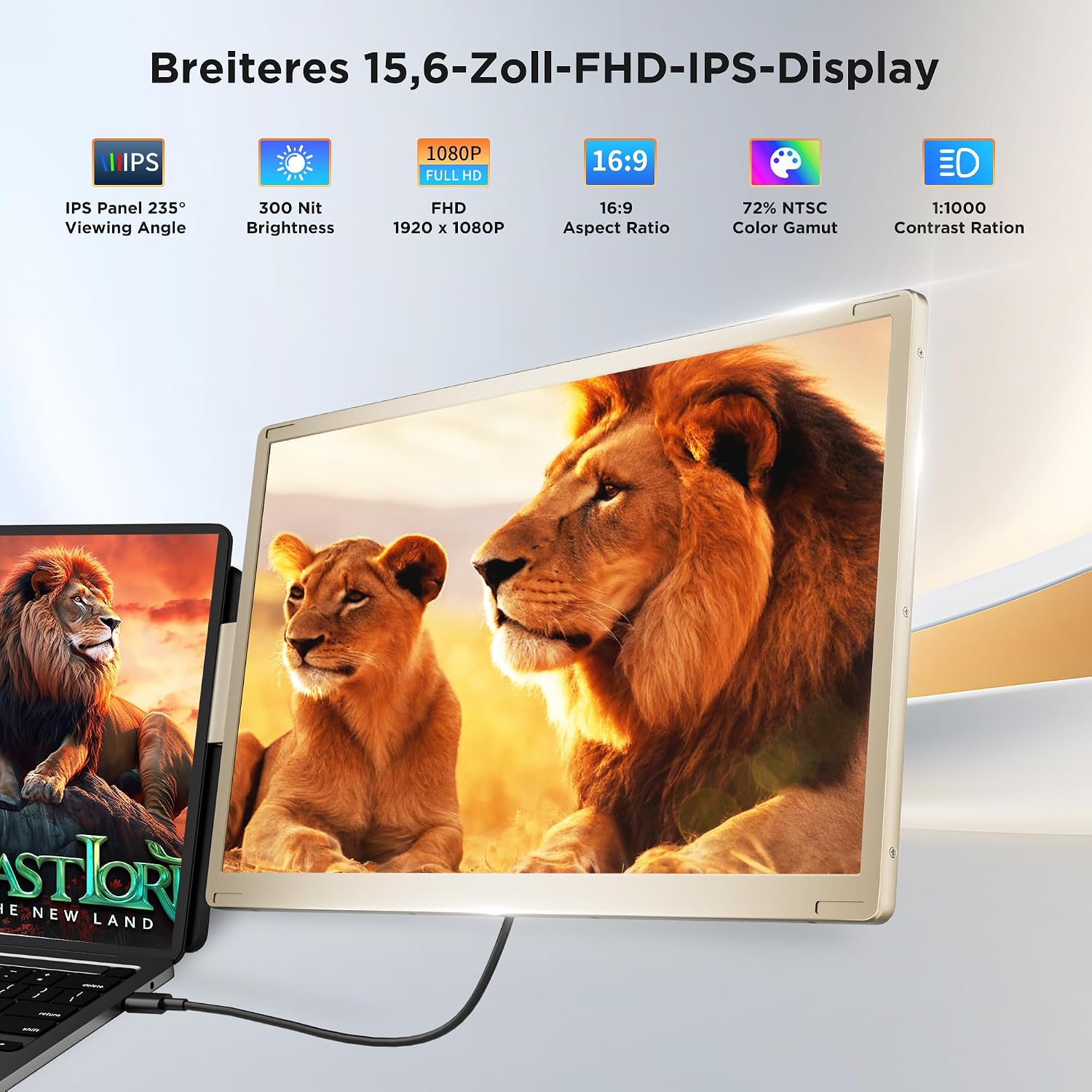 15.6'' Laptop Bildschirm Extender, 1080P FHD Portable Monitor Laptop with 235° Rotation, Triple Tragbarer Monitor Erweiterung Laptop Plug & Play für Mac, Windows, Chrome, Android – Bild 2