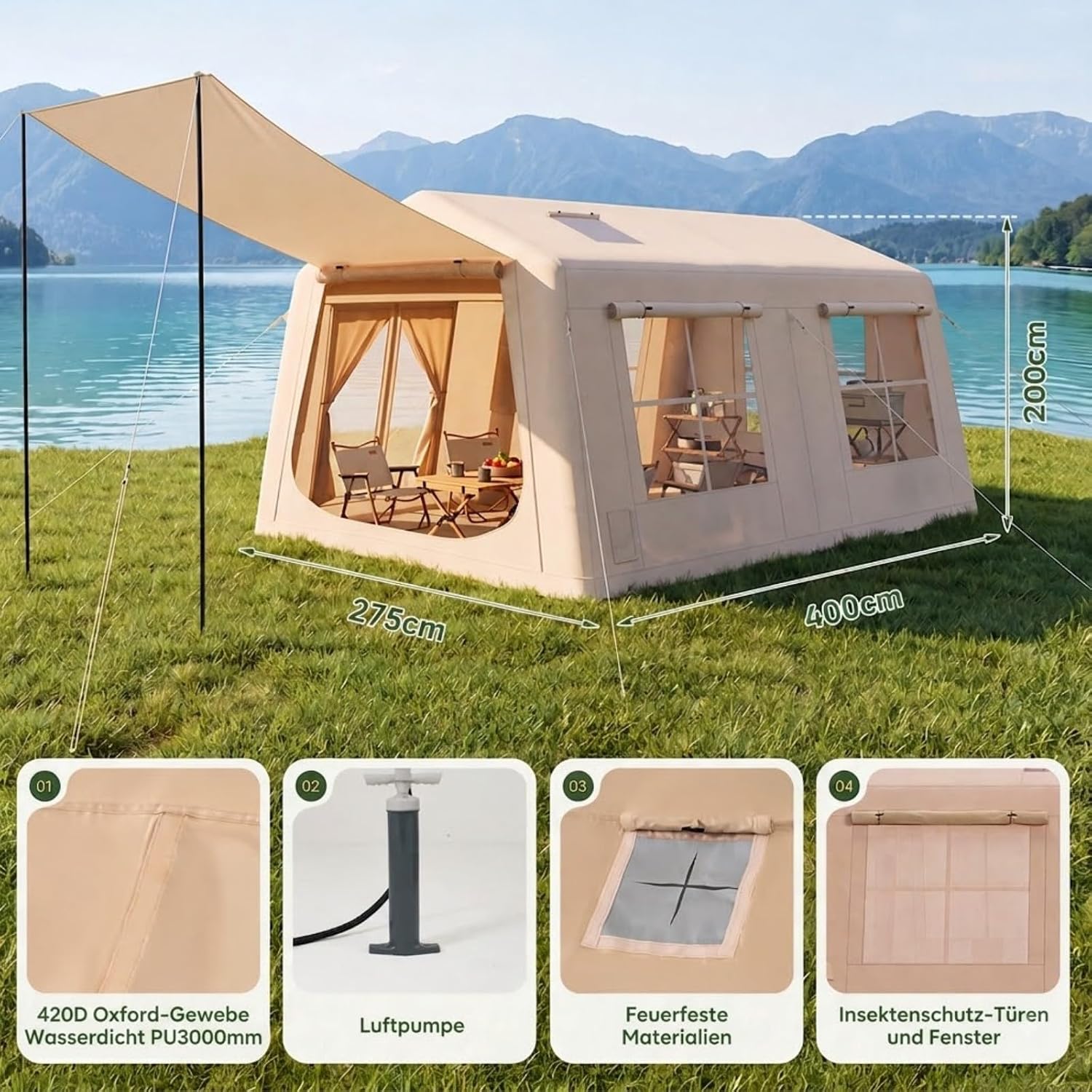 Aoxun Aufblasbares Zelt Großes mit Handpumpe für 6-8 Personen,400x275x200cm – Bild 4