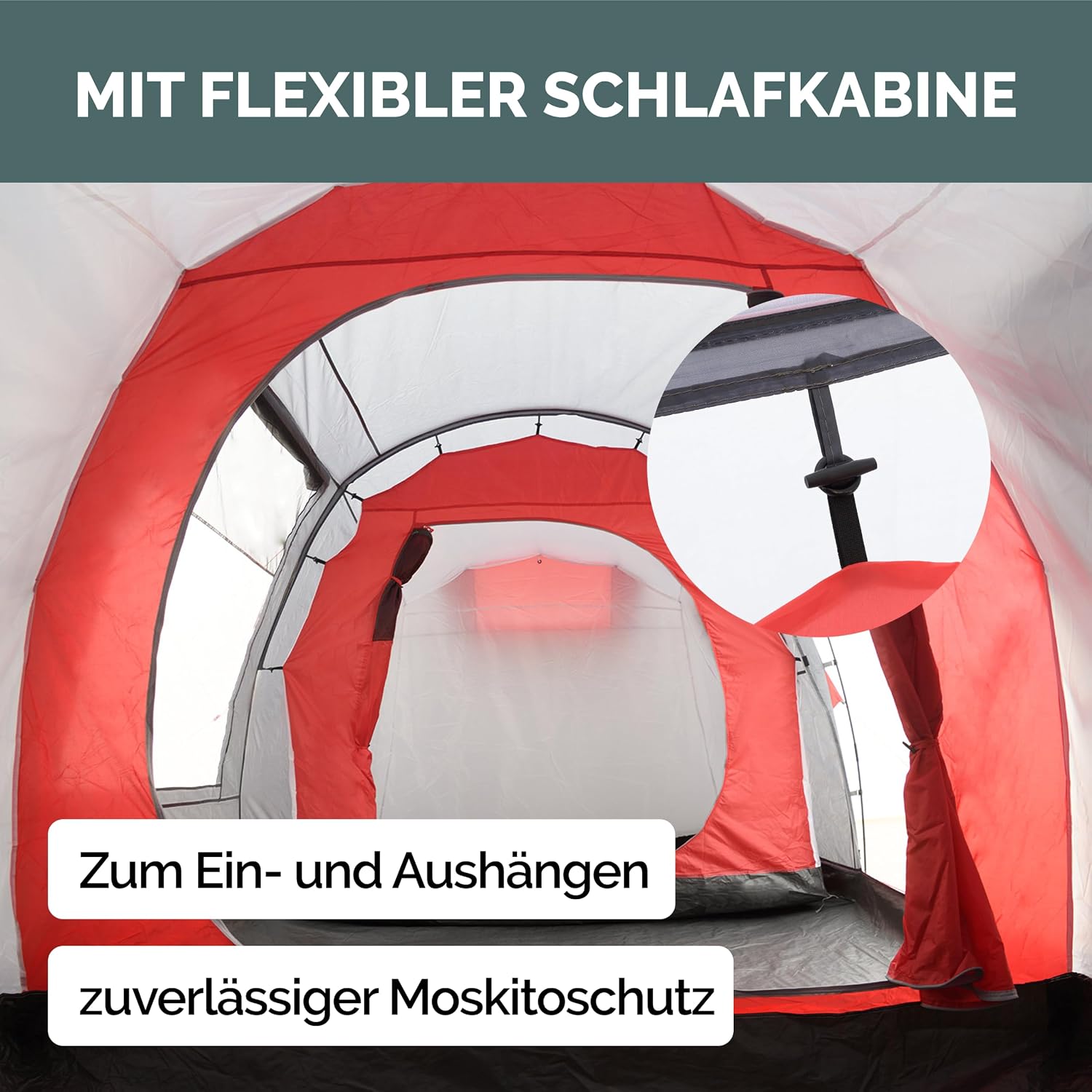 JUSTCAMP Lake XXL Familienzelt für 6 Personen - wasserdichtes Tunnelzelt mit 2 Schlafkabinen, großem Vorraum & Stehhöhe - Campingzelt mit eingenähtem Boden, Moskitonetz und 2 Eingängen – Bild 5