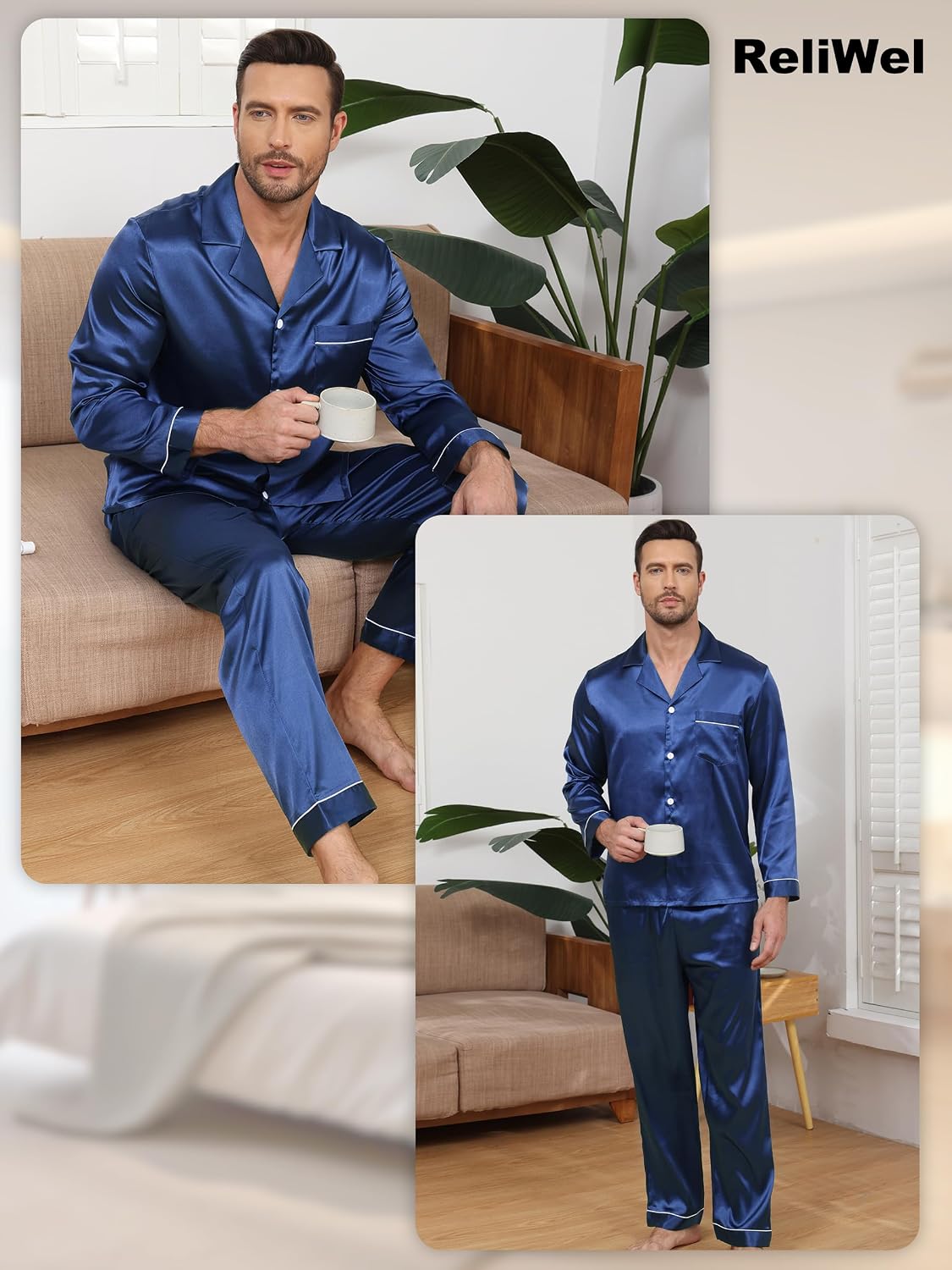 Satin Schlafanzug Herren Lang Seide Pyjama Männer V-Ausschnitt Shirt mit Pyjamahose Zweiteiliger Loungewear Sleepwear Nightwear Elegante Seidenpyjama – Bild 2