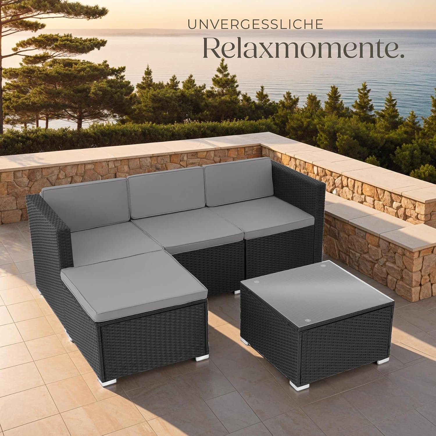 tectake® Poly Rattan Lounge, Outdoor Sitzgruppe, Set mit Sofa Sessel, Hocker, Tisch, frei kombinierbar, Sitzecke für 3-4 Personen, Möbel wetterfest für Garten Terrasse Balkon - schwarz – Bild 8