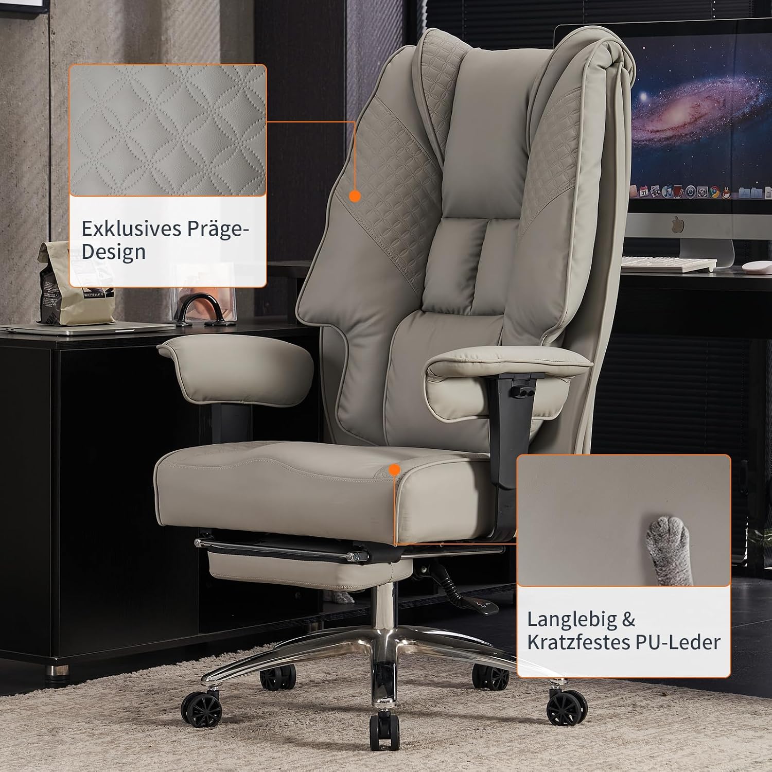 EXCEBET Chefsessel Bürostuhl Ergonomisch 200kg, Schreibtischstuhl mit Fußstütze und 14cm Taschenfederkern, Hochlehner aus Kratzfestem PU Leder, Drehstuhl mit Höhenverstellbaren Armlehnen (Hellgrau) – Bild 8