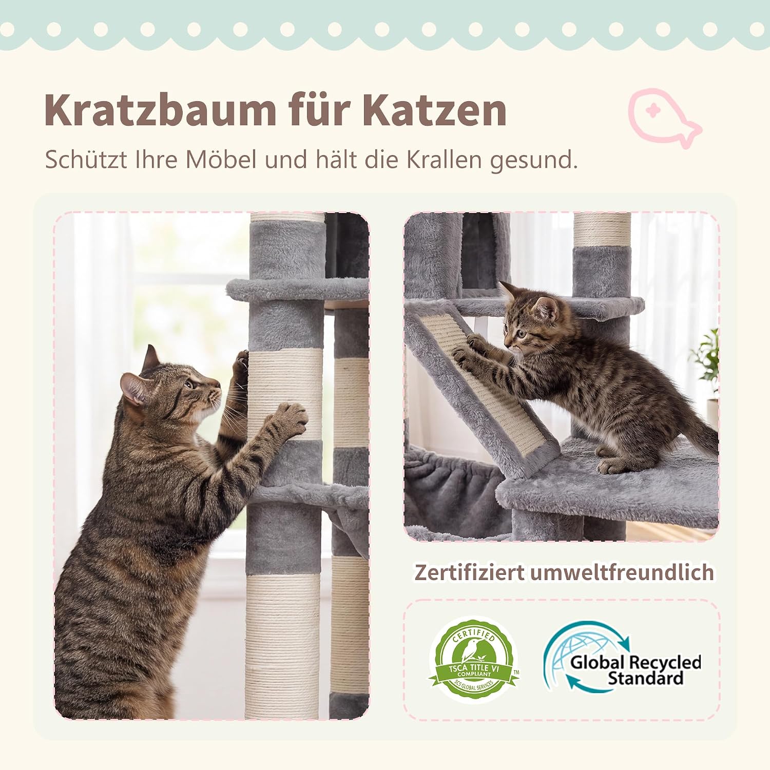 Heybly Kratzbaum, 180cm Katzenbaum für Wohnungskatzen, Hellgrau HCT034W – Bild 6