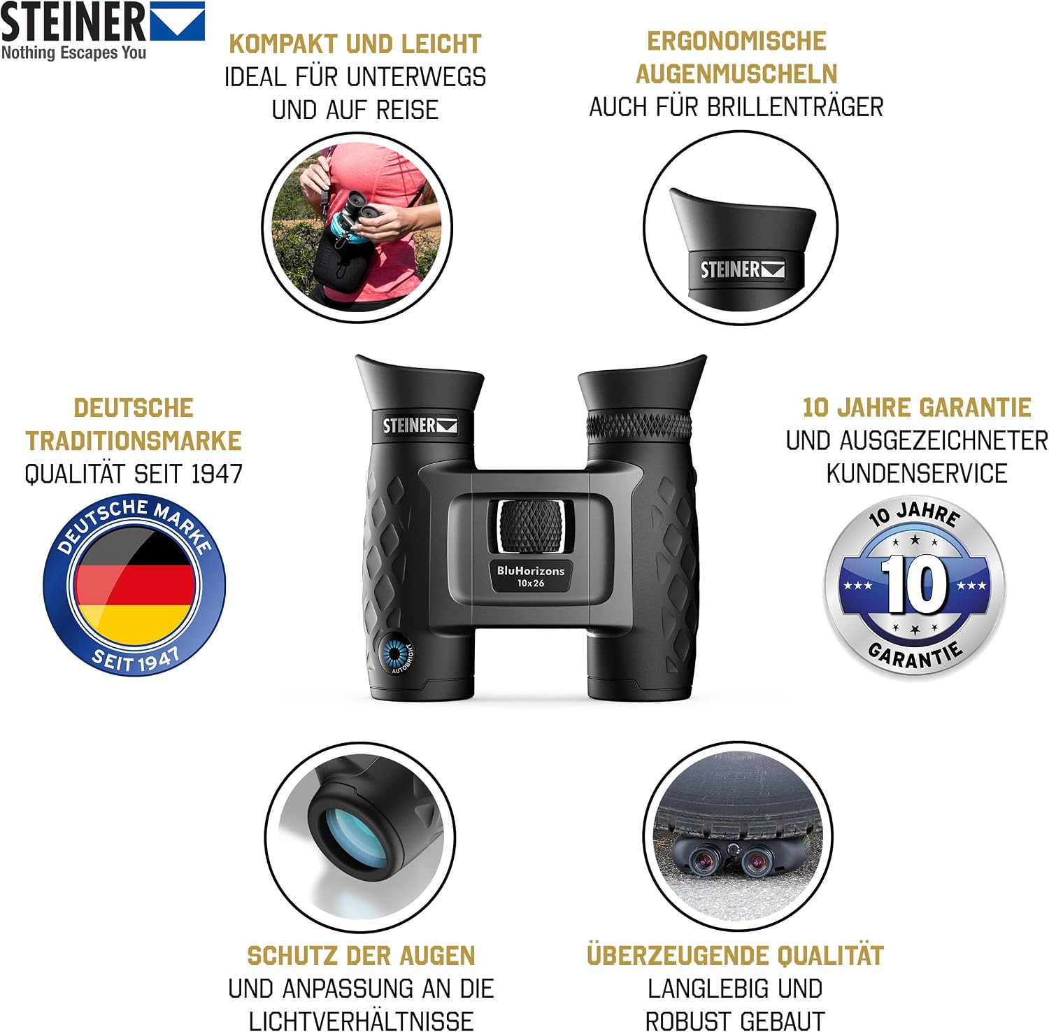 STEINER Fernglas BluHorizons 10x26 - Deutsche Marken-Qualität, 10 Jahre Garantie, Anpassung an Helligkeit, Schutz der Augen, 10-Fach Zoom, kompaktes und leichtes Urlaubs- und Reisefernglas – Bild 2