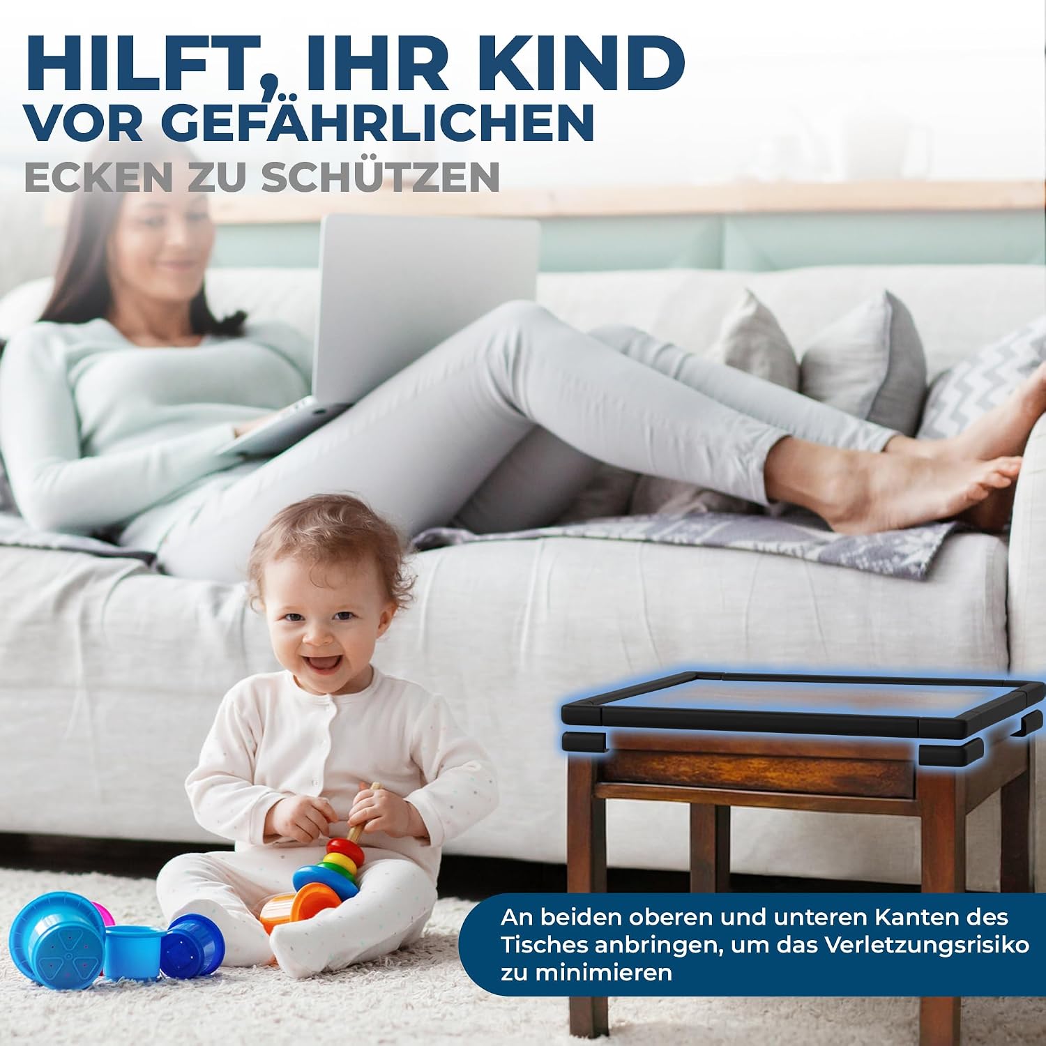 Hoffenbach Kantenschutz Baby aus Schaumstoff – 6,2m Tischkantenschutz & 12x Eckenschutz – Tischecken Kindersicherung – Selbstklebender Schutz für Kinder, Bett, Fensterbank & Schreibtisch – Schwarz – Bild 3