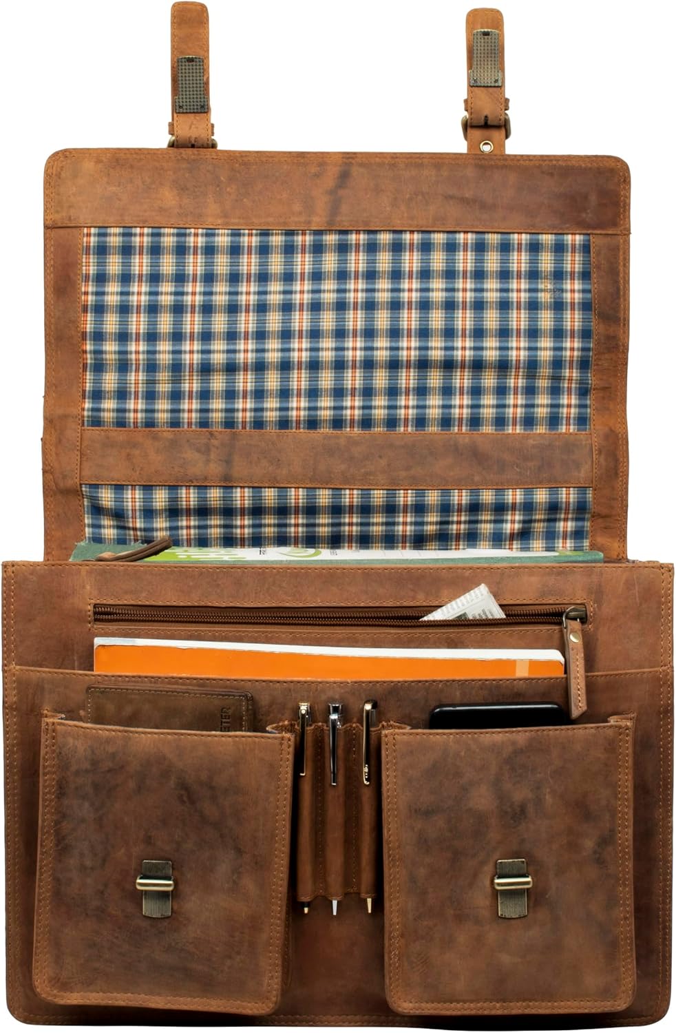 Marc Peter Amsterdam Aktentasche Leder XL Vintage Lehrertasche mit Laptopfach 15,6 Zoll große Ledertasche zum Umhängen Trolley aufsteckbar – Bild 4