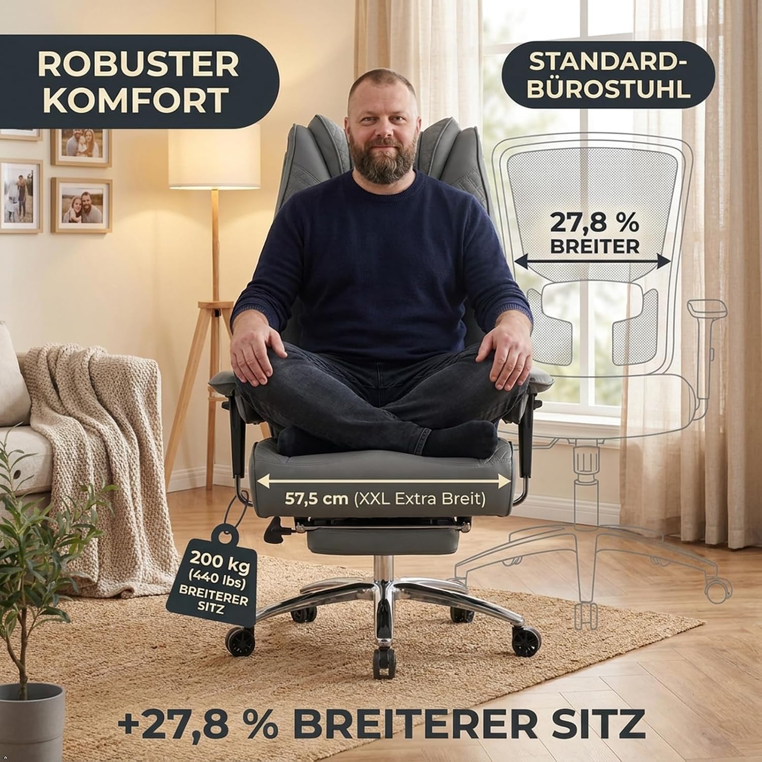 EXCEBET Chefsessel Bürostuhl XXL Ergonomisch 200kg, Schreibtischstuhl mit Fußstütze und 14cm Taschenfederkern, Hochlehner aus Kratzfestem PU Leder, Drehstuhl mit Höhenverstellbaren Armlehnen (Grau) – Bild 4