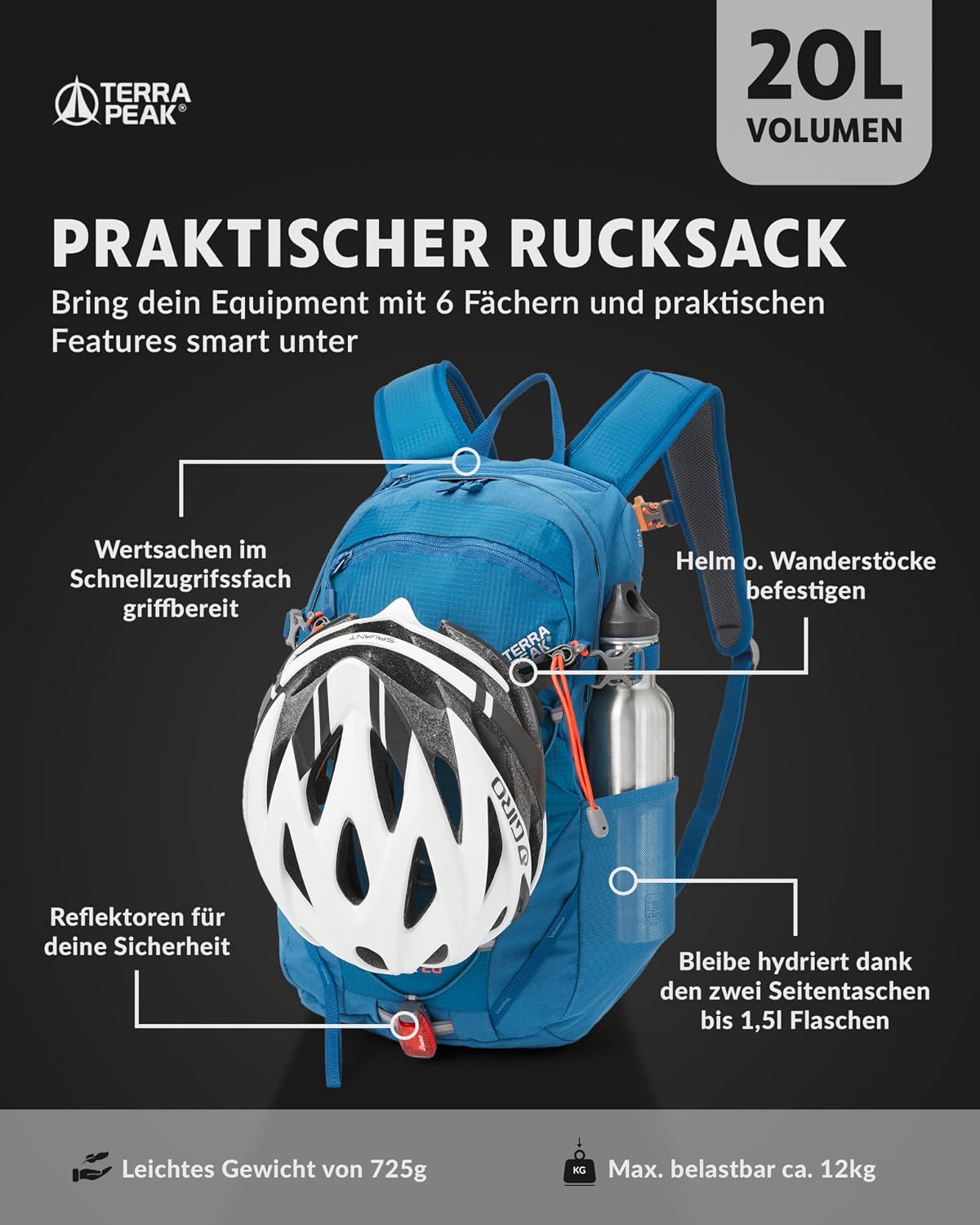 Terra Peak® Premium Wanderrucksack 20L (FLEX 20) klein mit Rückenbelüftung, Regenschutz & Trinksystem-Halterung - Ergonomischer Outdoor Trekkingrucksack aus 3D Air Mesh Polyester & Hüftgurt – Bild 3