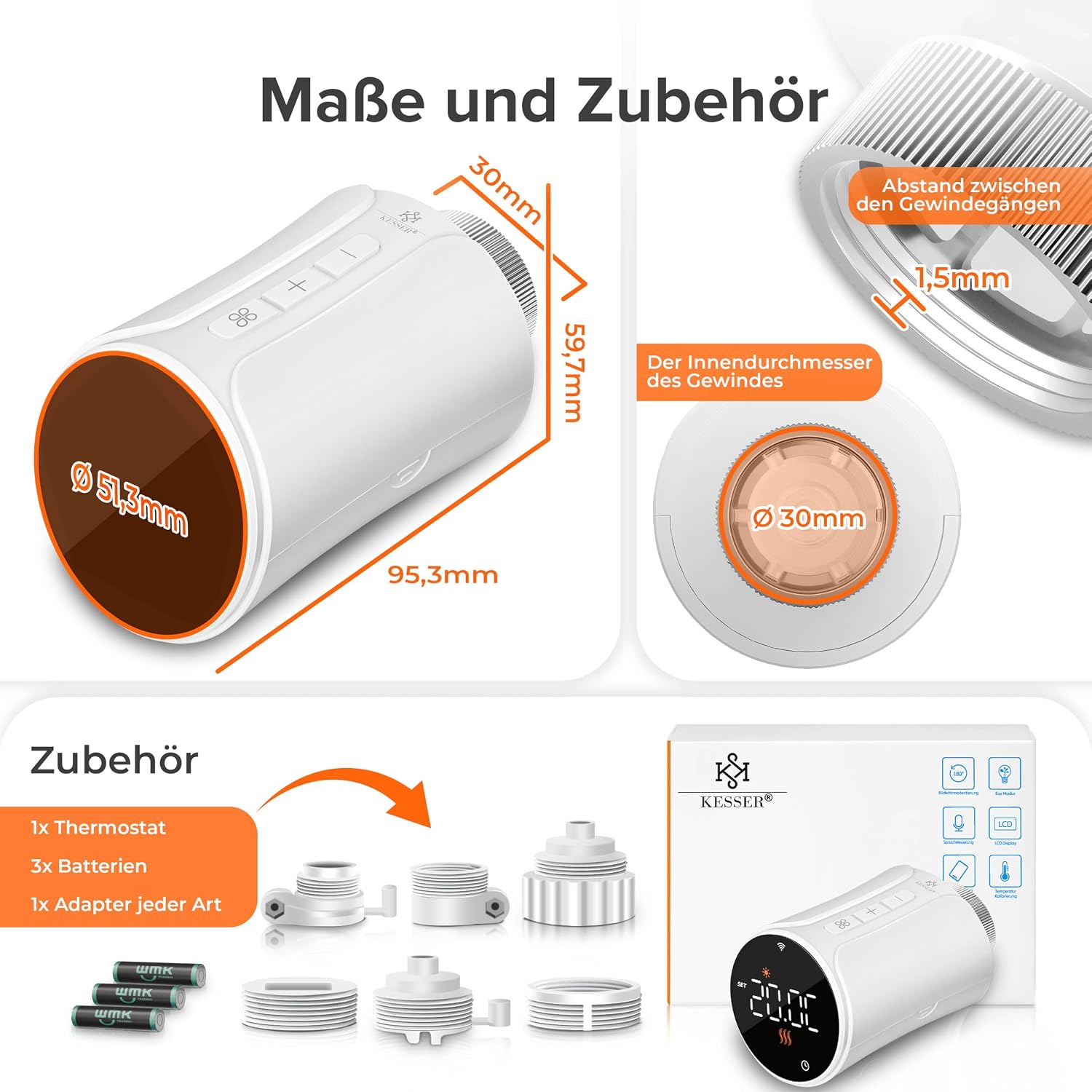 KESSER® Heizkörperthermostat 3er Set WiFi Heizungsregler | Heizungsthermostat WLAN mit Smart Home App Steuerung | Thermostat Alexa, Google Assistant mit 6 Heizkörperventilen | Energie & Kosten sparen – Bild 9
