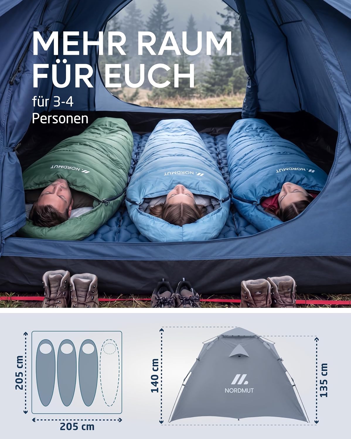 NORDMUT® Wurfzelt 2-4 Personen für blitzschnellen Aufbau – Pop Up Zelt 2-4 Personen wasserdicht & UV-Schutz – Campingzelt mit hervorragender Luftzirkulation – Bild 3