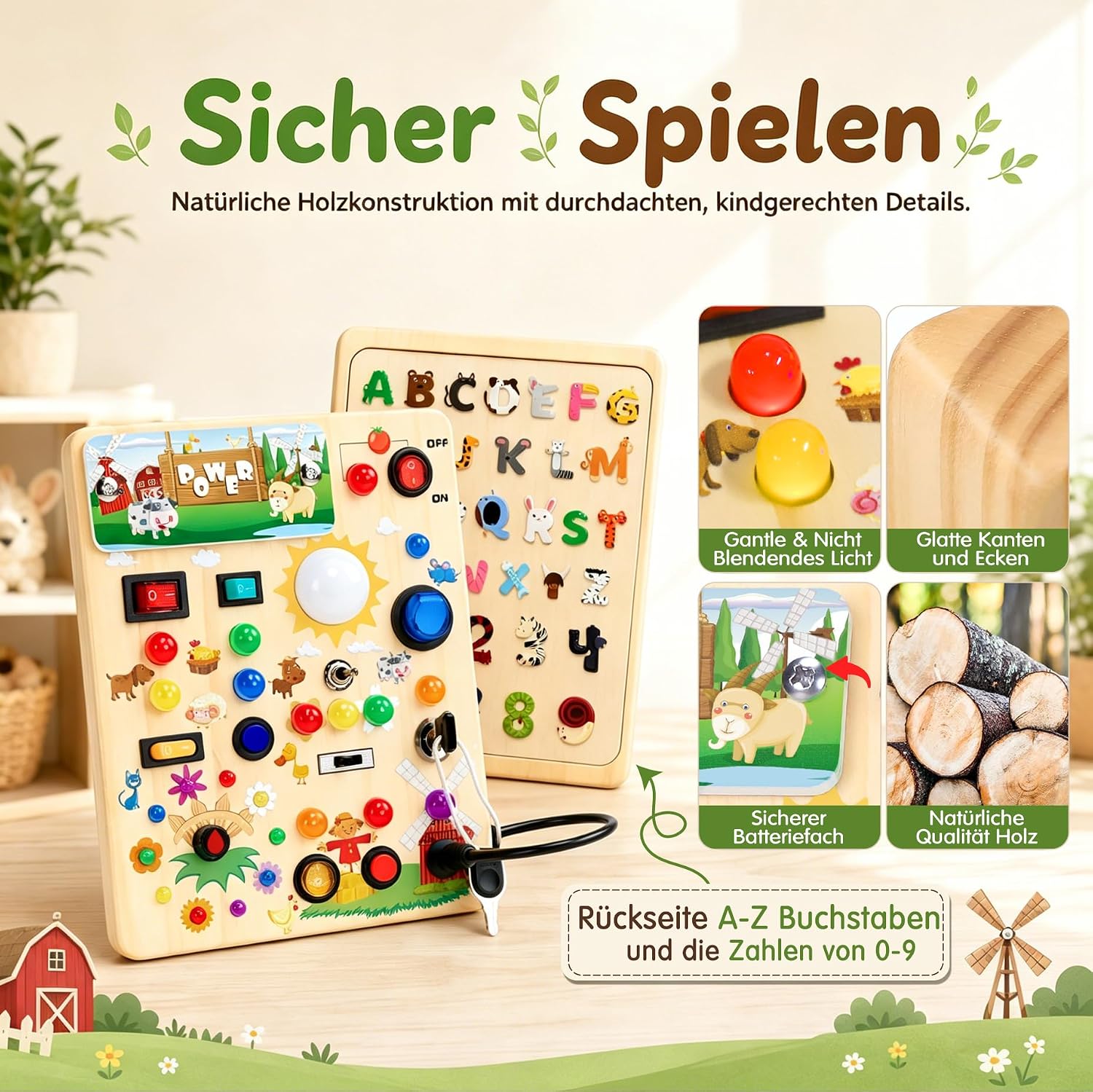 Montessori Spielzeug Busy Board ab 1 Jahr Activity Board aus Holz-Bauernhof – Bild 7