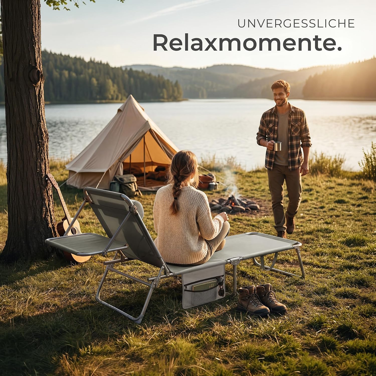 tectake® Sonnenliege klappbar, tragbar, Liege mit Seitentasche, Strandliege, Gartenliege mit Dach, Liegestuhl mit Verstellbarer Rückenlehne, inkl. Kopfkissen - für Balkon, Terrasse, Camping - grau – Bild 2