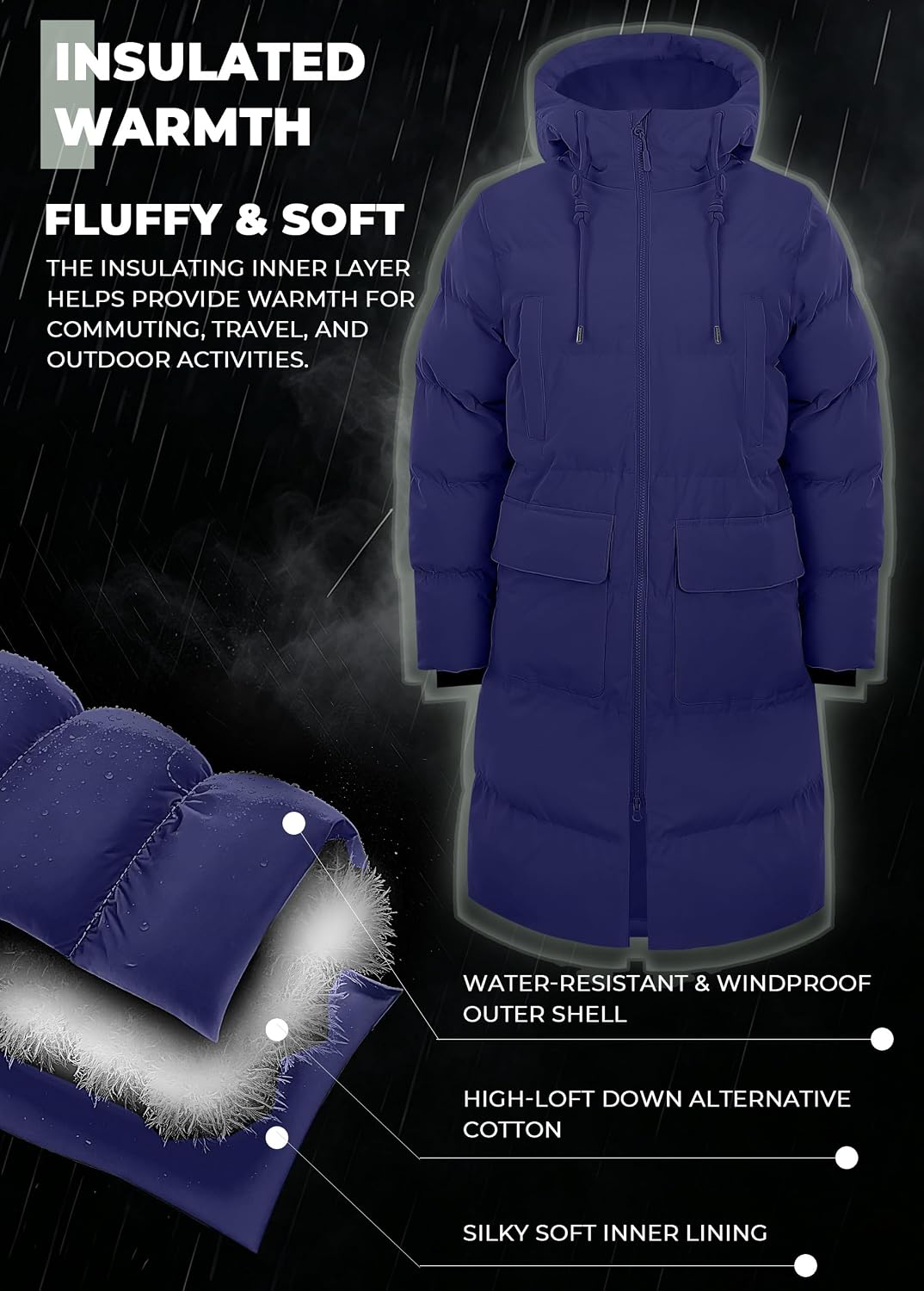 Winterjacke Damen Lang Steppmantel Wintermantel Warm Winddicht mit Kapuze – Bild 5