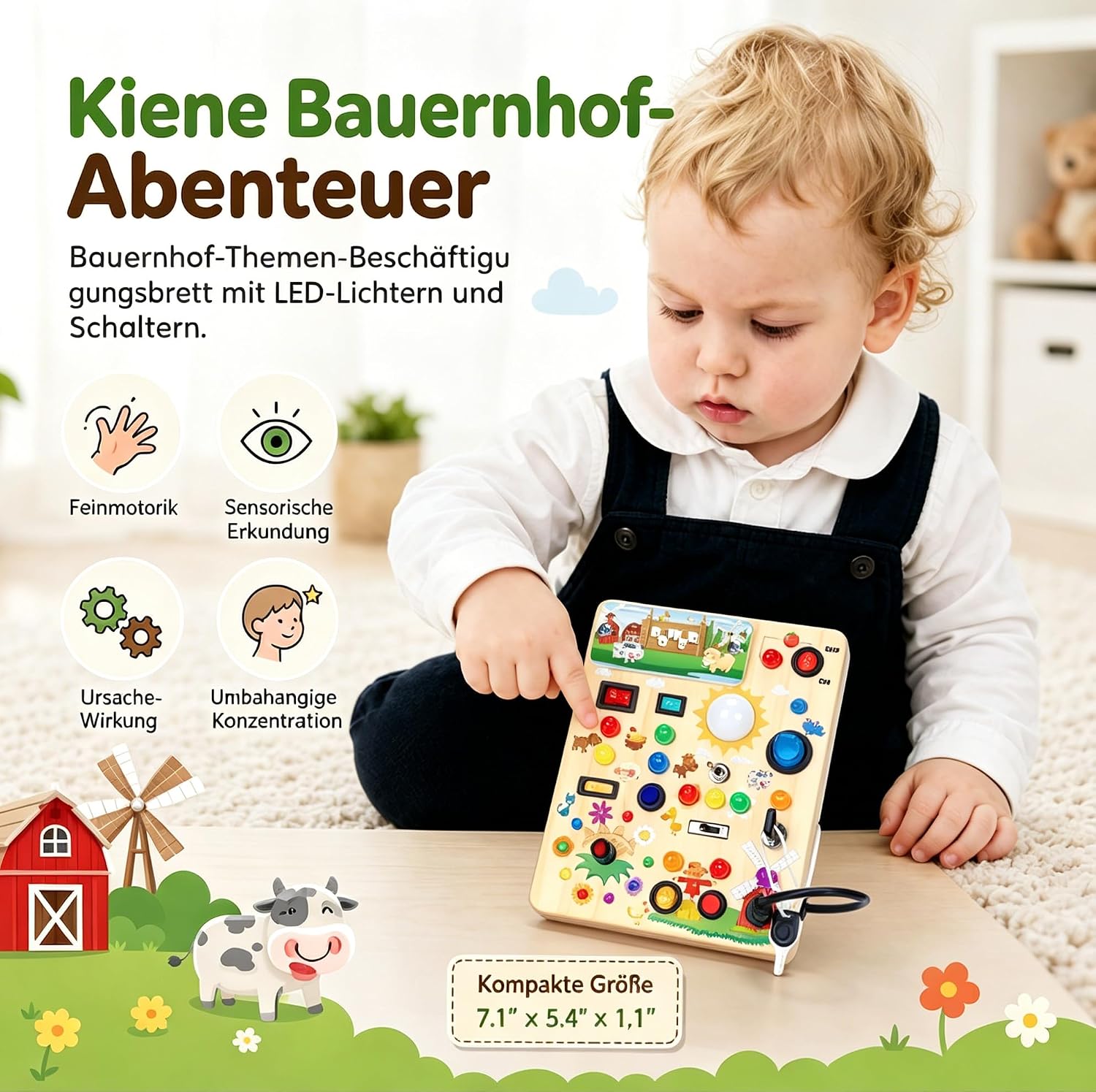 Montessori Spielzeug Busy Board ab 1 Jahr Activity Board aus Holz-Bauernhof – Bild 3