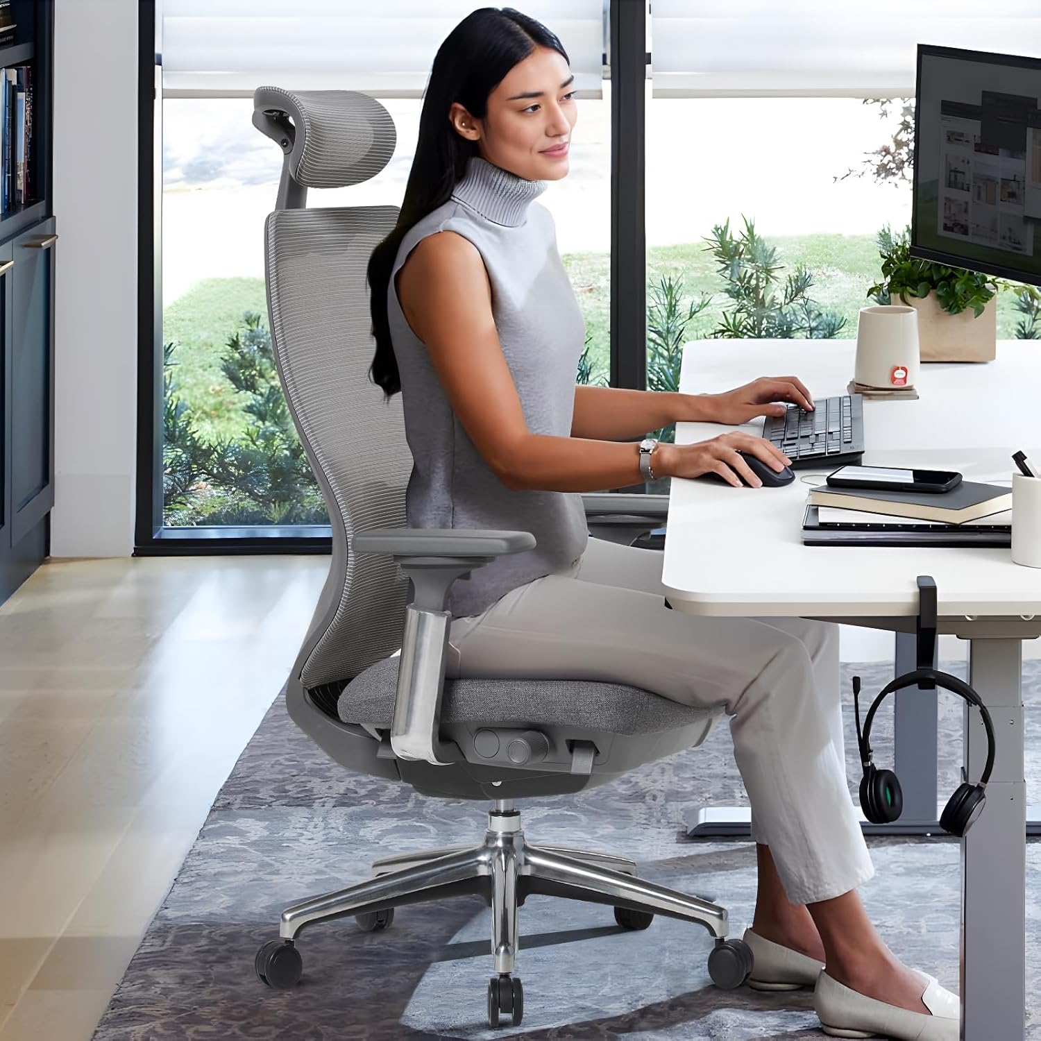COLAMY XK Atlas Ergonomischer Netz-Bürostuhl, Chefsessel mit hoher Rückenlehne, Verstellbarer Kopfstütze und 4D-Armen, Schiebesitz, Kippsperre, Aluminium-Basis, Dunkelgrau – Bild 2