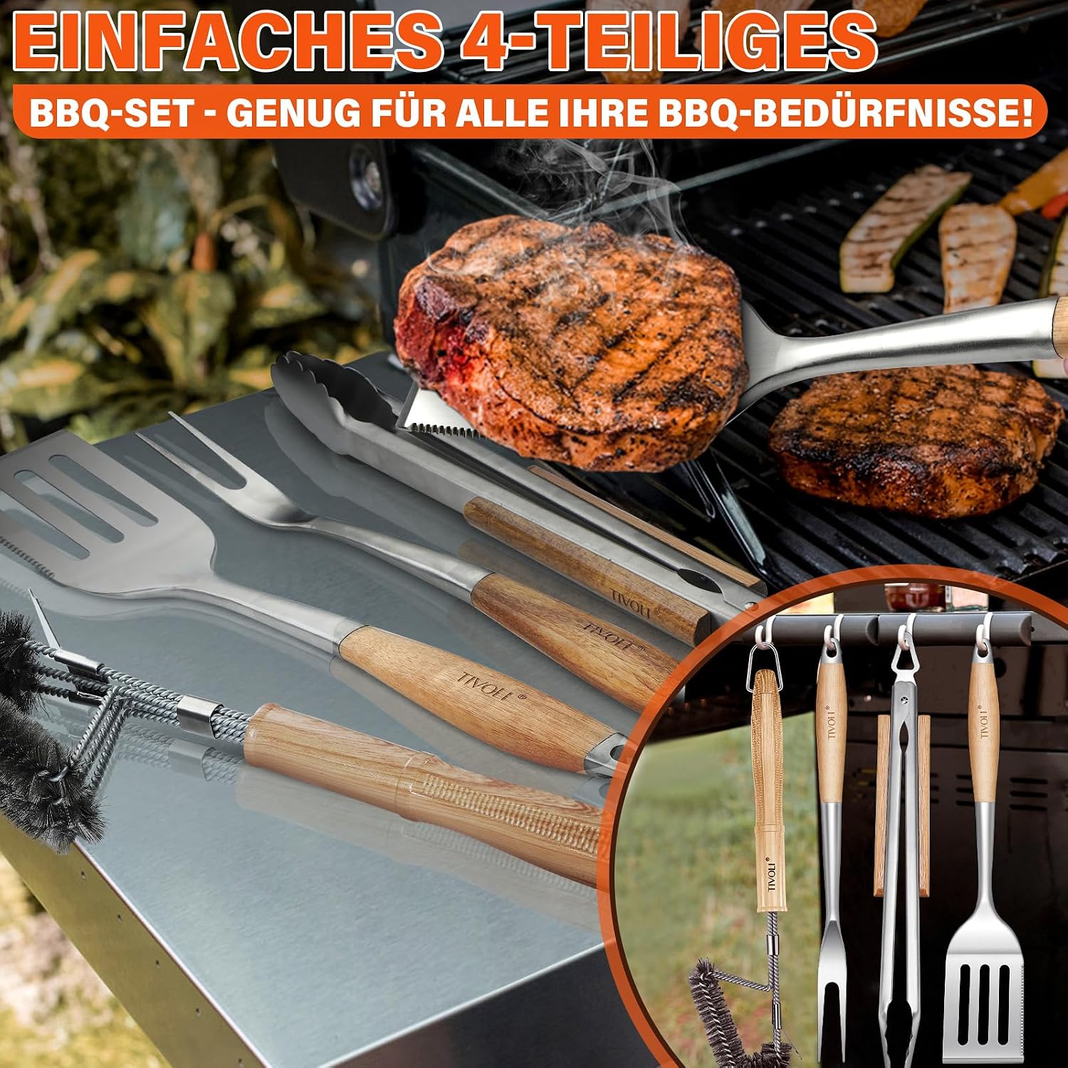 TIVOLI Grillbesteck Set 4-teilig aus Edelstahl mit Holzgriffen – Bild 4