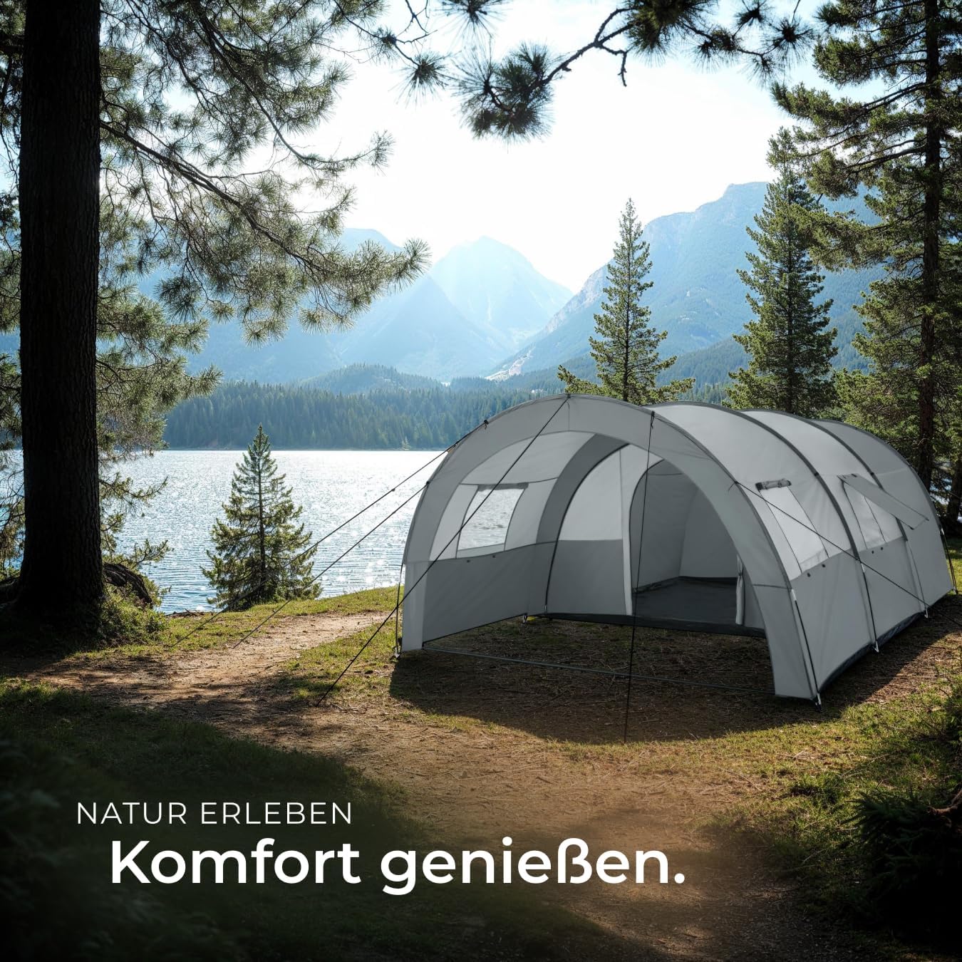 tectake® Tunnelzelt, 6 Personen, Familienzelt, Zelt groß mit Vorzelt und Bodenplane, UV-Schutz, Camping Zelt inkl. Tragetasche, 350 x 480 x 195 cm - dunkelgrau/hellgrau – Bild 7