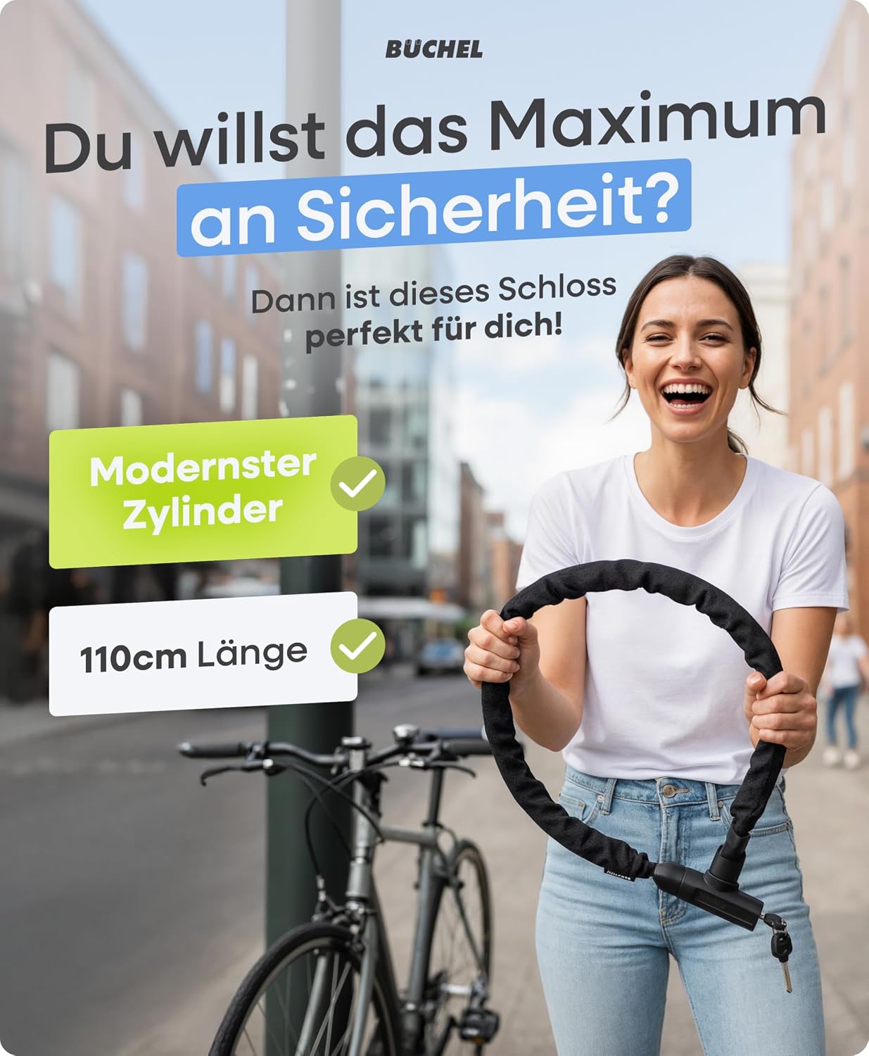 BÜCHEL Sekura Fahrradschloss Hohe Sicherheit - 90 cm Bike Lock mit Disc Detainer Lock aus 8 mm gehärtetem Stahl - Kettenschloss E-Bike, Fahrräder, Roller & Co für Stadt Schule Arbeit Freizeit (110 cm) – Bild 2