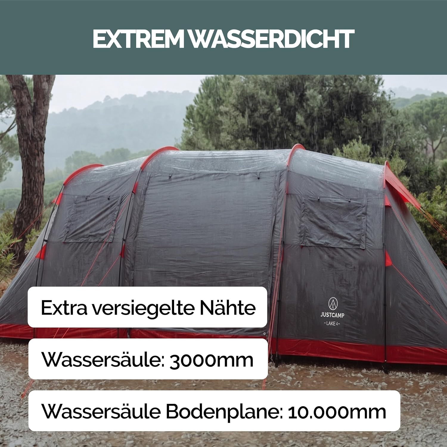 JUSTCAMP Lake Familienzelt für 4 Personen - wasserdichtes Tunnelzelt mit 2 Schlafkabinen, großem Vorraum & Stehhöhe - Campingzelt mit eingenähtem Boden, Moskitonetz und 2 Eingängen – Bild 8