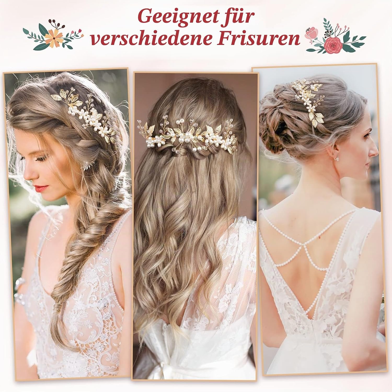 Kiiwah 4 Stück Haarschmuck Hochzeit Perle Blume Braut Haarkamm Strass Brautschmuck Braut Haarnadeln für Kommunion MäDchen Braut Brautjungfer(Gold) – Bild 5