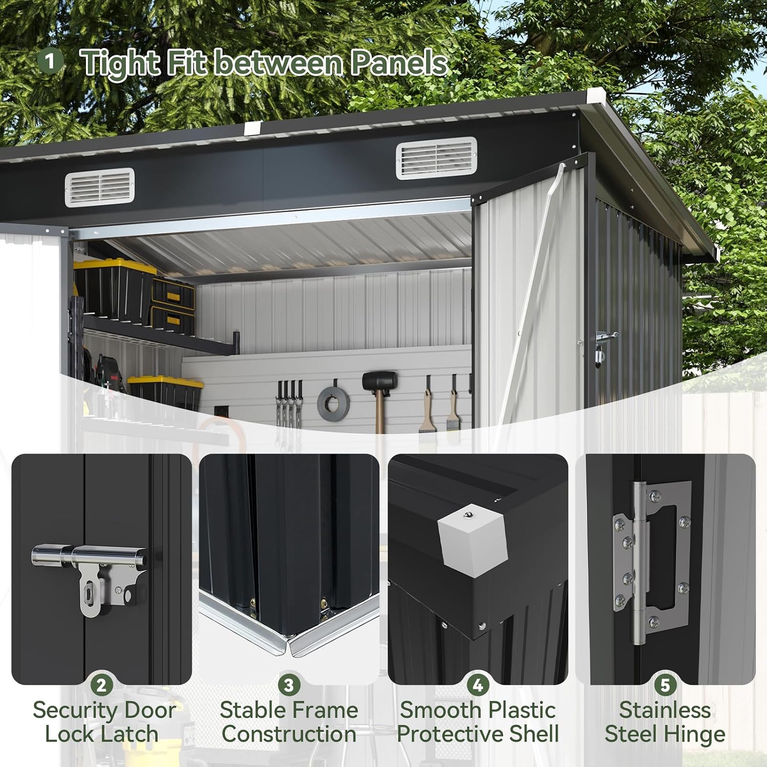 Aoxun Gerätehaus Metall 6x4 FT Pultdach Geräteschuppen Schwarz mit Riegel – Bild 3