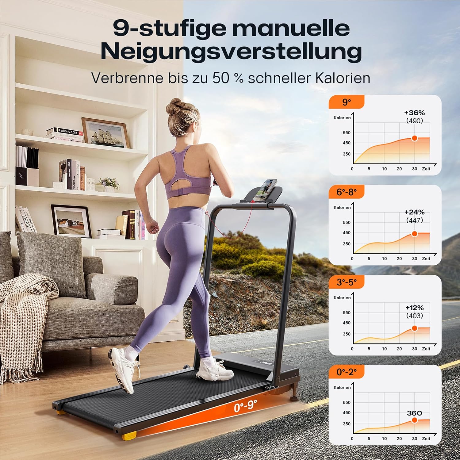 UREVO Walking Pad mit 9% Steigung, leises Laufband Schreibtisch mit Sechs-Punkt-Stoßdämpfung, 2,5 Pferdestärken Laufband für Zuhause/Büro, Fernbedienung, Keine Montage Erforderlich – Bild 2