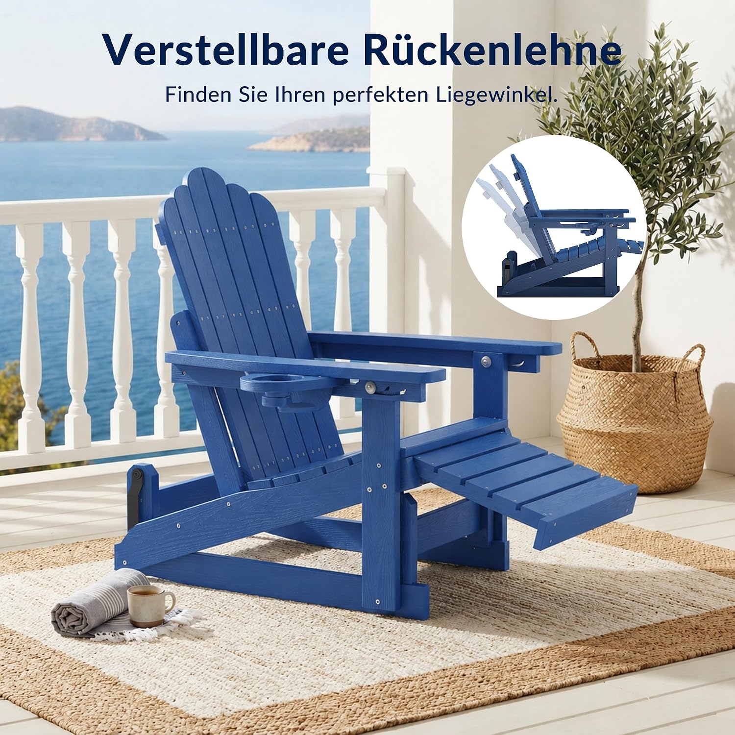 Adirondack Stuhl mit Fußstütze, HDPE Adirondack Chair Gartensessel mit Getränkehalter und Gleitfunktion, verstellbare Rückenlehne, wetterfest und pflegeleicht für Garten, Terrasse und Balkon – Bild 4