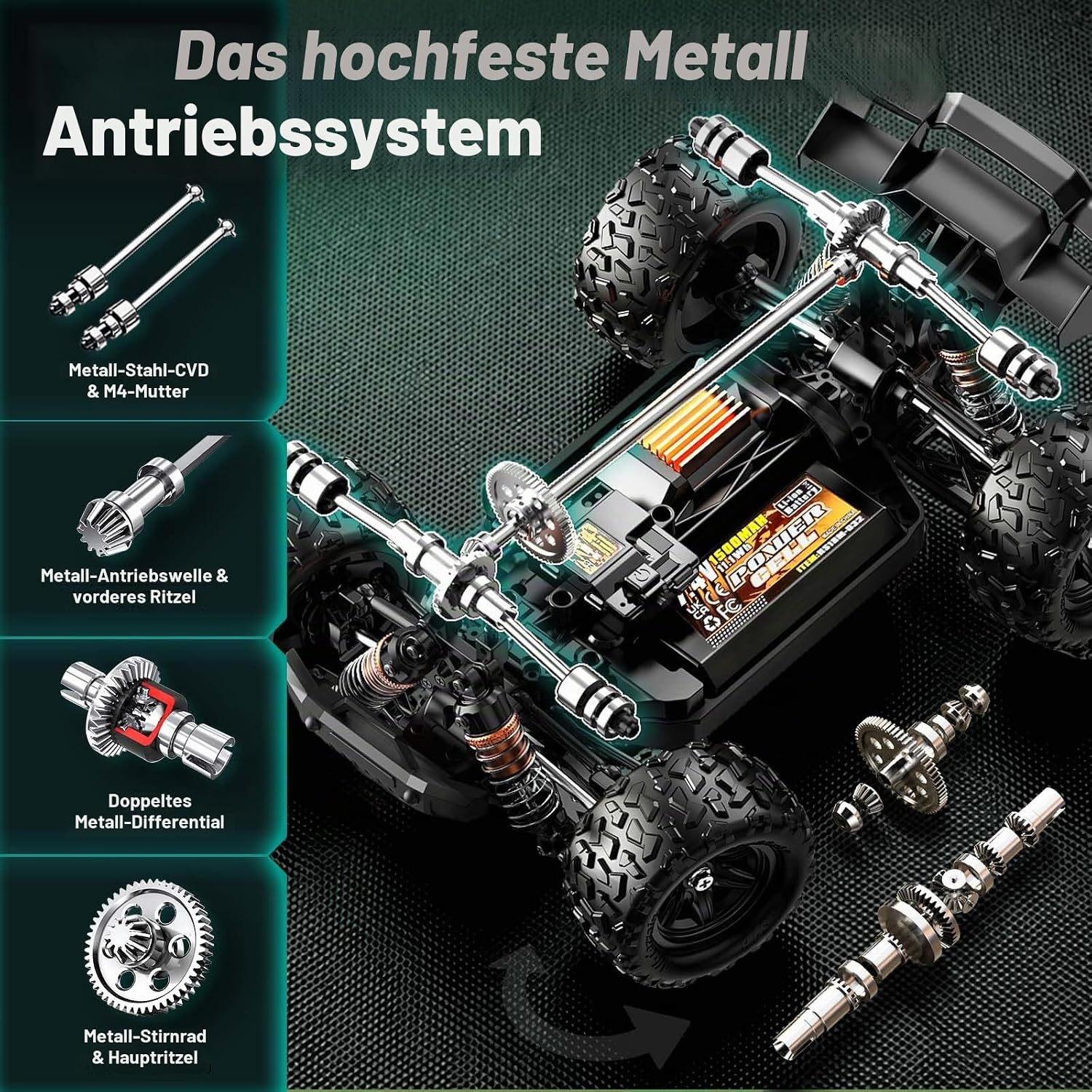 Ferngesteuertes Auto 1:18 Brushless 4WD RC Auto 52 km/h für Erwachsene & Jungen ab 10 Jahren, Offroad RC Auto mit Vollmetall-Antrieb, ölgefüllten Stoßdämpfern, 2 Akkus & 2 Karosserien – Bild 6