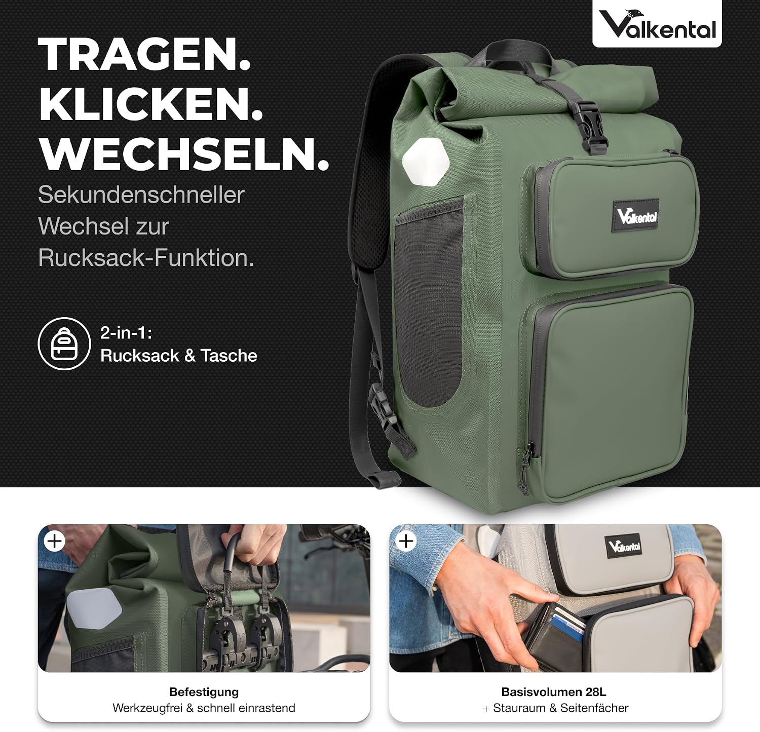 Valkental UrbanX 2in1 Fahrradtasche & Rucksack, 28L – Bild 2