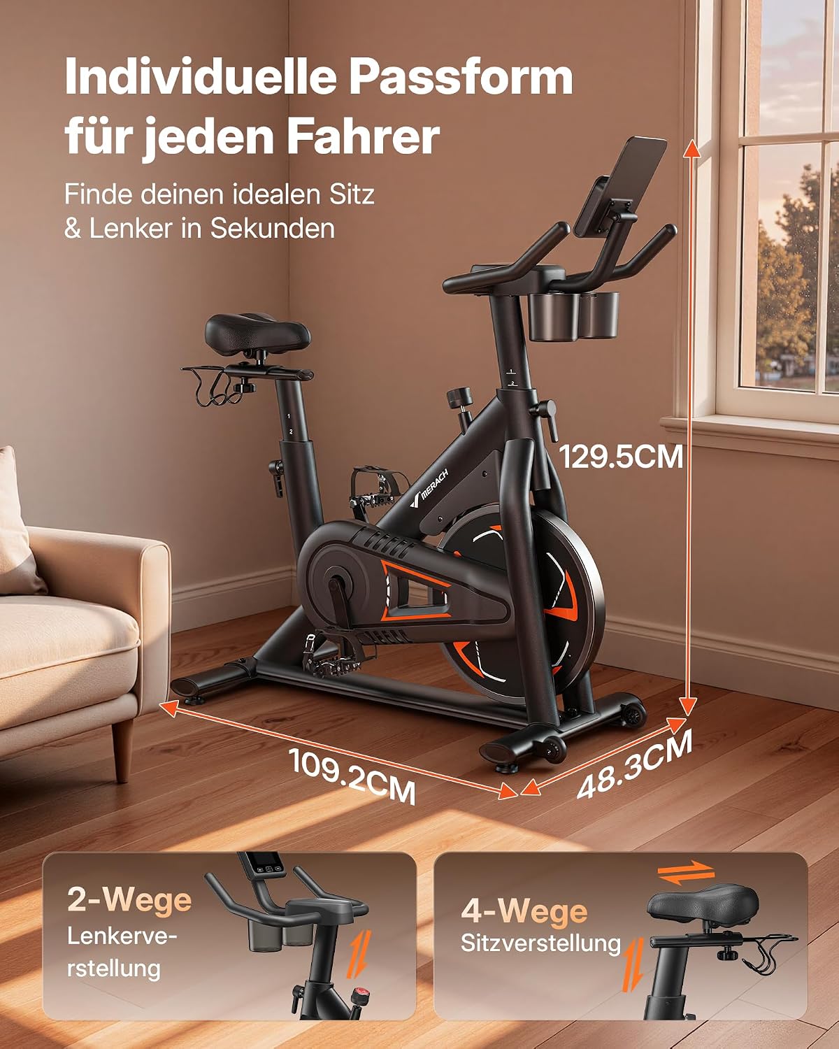 MERACH PRO Heimtrainer Fahrrad mit 8KG High-Inertia Schwungrad für Optimierte Laufruhe, Leises Magnetbremssystem, Verstärkter H-Rahmen, Stoßdämpfender Luftkissensattel, Eigene App, Bis 150KG – Bild 7