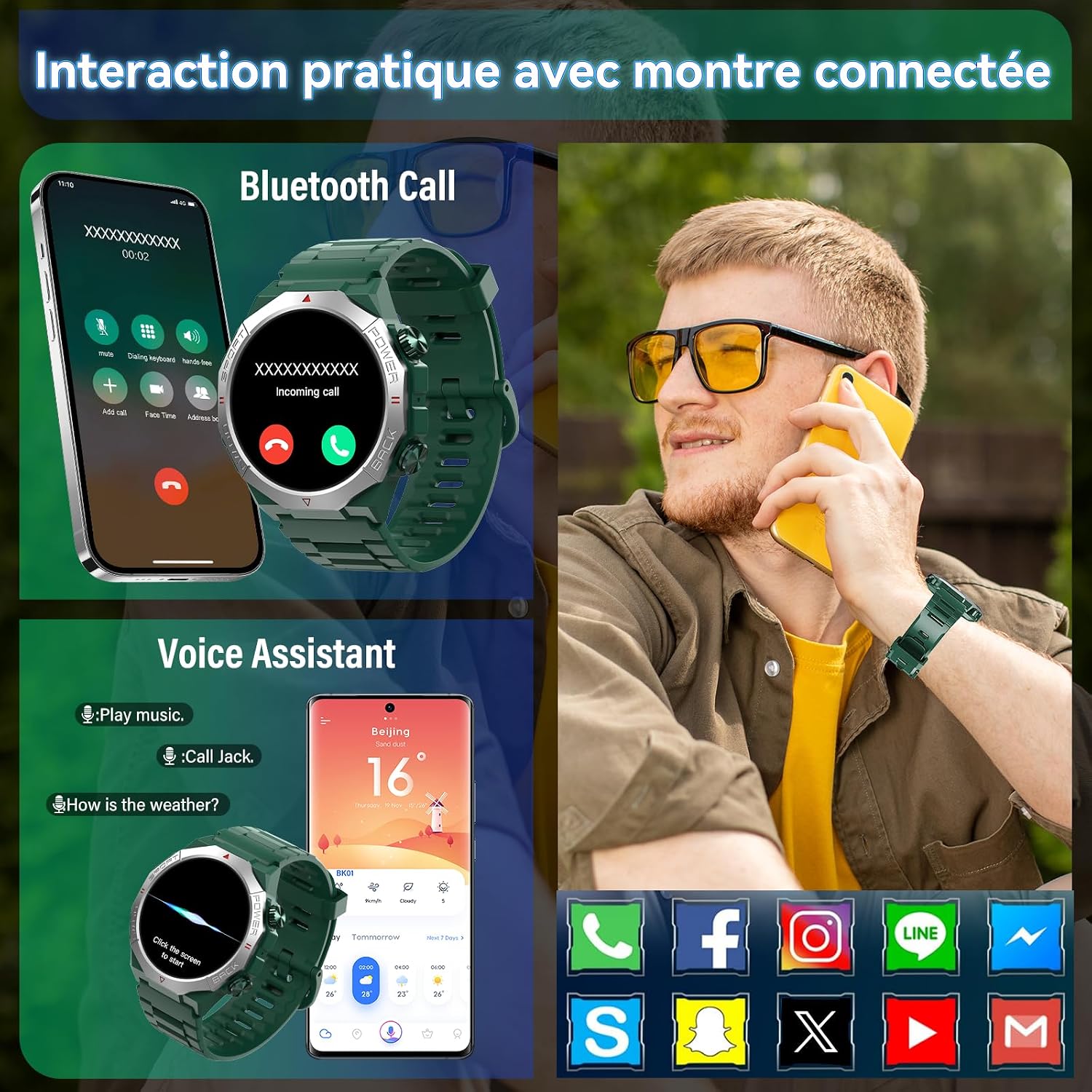 Soudorv Smart Uhren für Männer (Antwort/Anruf), 1,39" HD Militär Smartwatch, Ultra-Lange Batterie Fitness-Uhr, 110+Sport/Herzfrequenz/Schlafmonitor/IP68 wasserdicht Android iOS Grün – Bild 6