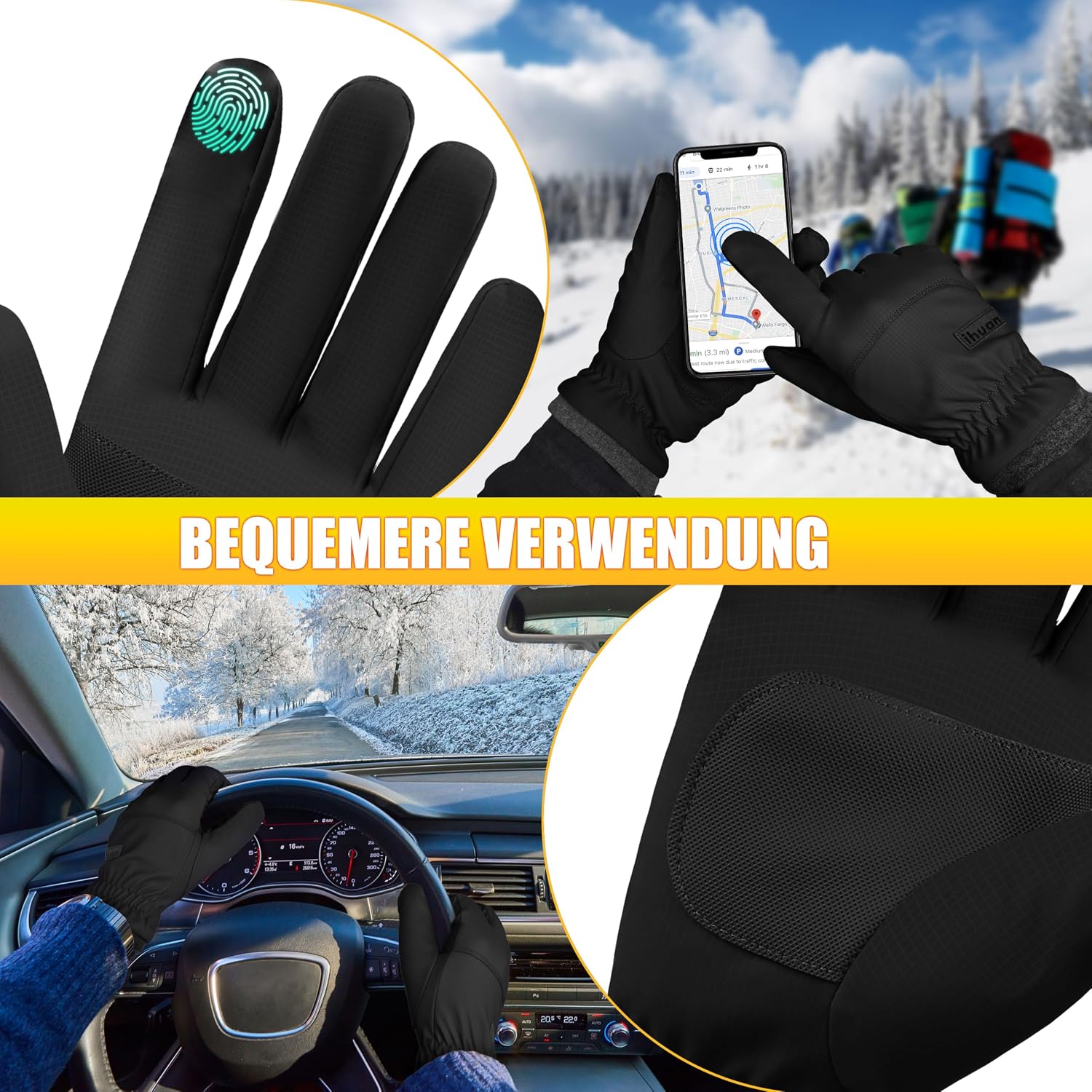 ihuan Thermo Fahrradhandschuhe Herren Damen -Warme Schnee WinterHandschuhe Touchscreen Wasserdicht Winddicht rutschfest Sporthandschuhe für Radfahren, Laufen, Skifahren, Wandern – Bild 4
