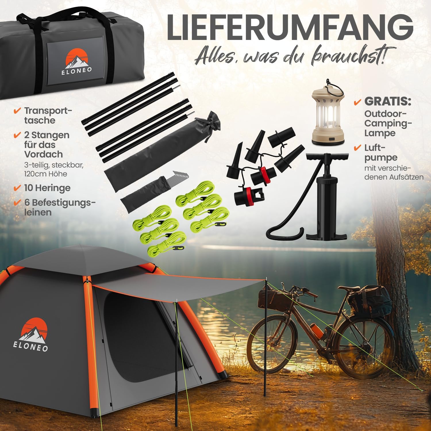 ELONEO aufblasbares Zelt für 1-4 Personen mit Vordach & Luftpumpe, Camping Zelt wasserdicht, Luftzelt Ultraleicht, Inflatable Tent, Glamping Zelt mit gratis LED Licht – Bild 4