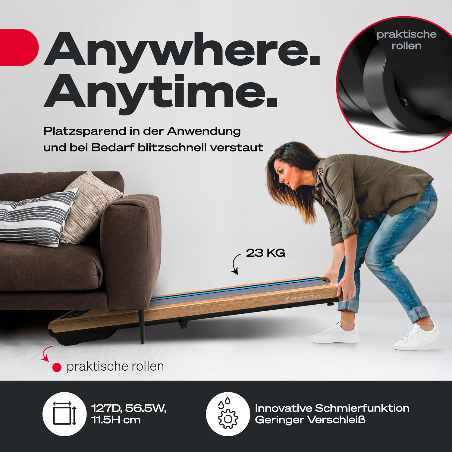 Sportstech Walking Pad mit Steigung, 150 kg belastbar, 8 km/h, Under Desk, Laufband für Zuhause Schreibtisch mit LED-Beleuchtung, fürs Home Office, Schrittzähler, bis 8 km/h, Treadmill, sWalk – Bild 9