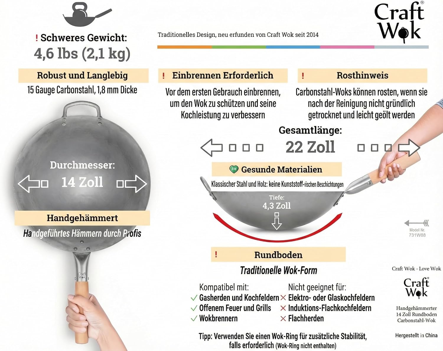 Craft Wok Traditioneller handgehämmerter Wok aus Karbonstahl mit Griff aus Holz und Stahl (Durchmesser 35,6 cm, Rundboden)/731W88 – Bild 3