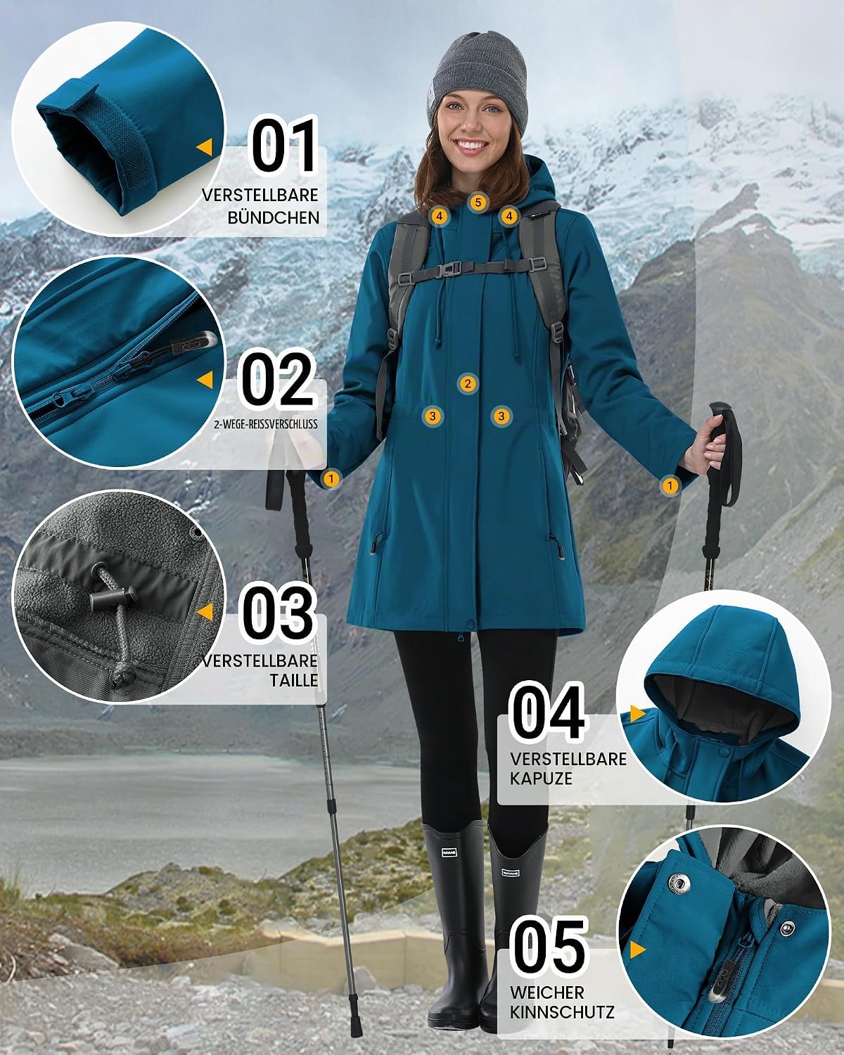 Damen Regenjacke Lange Softshelljacke mit Kapuze Frauen Übergangsjacke Regenmantel Gefütterte Funktionsjacke Wasserdichte Windbreaker Wanderjacke Atmungsaktive Jacke Outdoorjacke – Bild 4