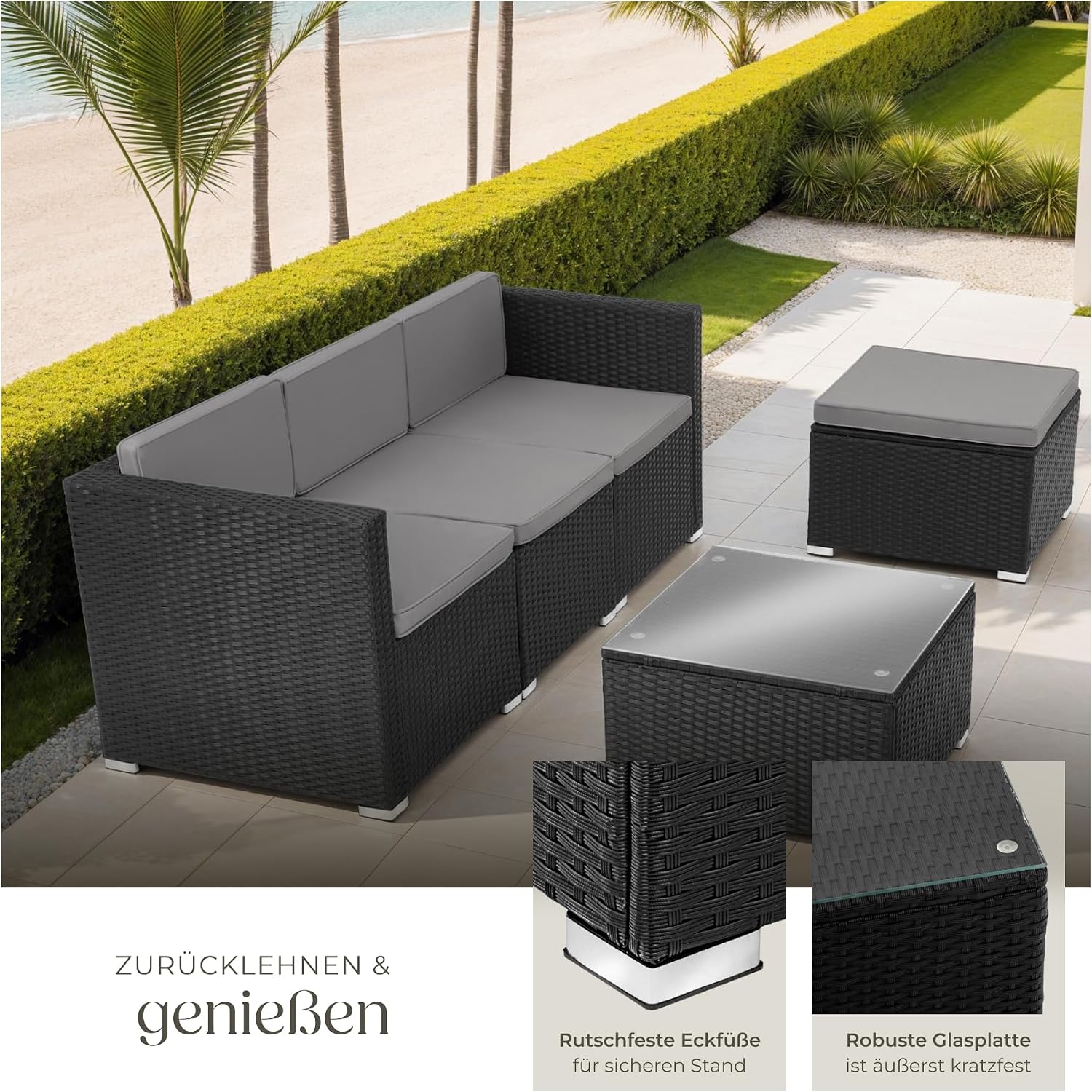 tectake® Poly Rattan Lounge, Outdoor Sitzgruppe, Set mit Sofa Sessel, Hocker, Tisch, frei kombinierbar, Sitzecke für 3-4 Personen, Möbel wetterfest für Garten Terrasse Balkon - schwarz – Bild 4