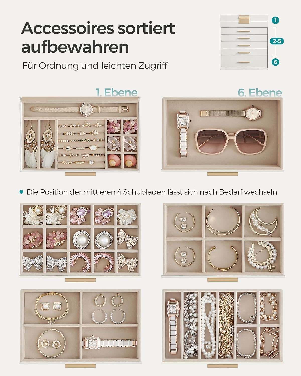 SONGMICS Schmuckkästchen mit Glasdeckel, 6 Ebenen, 5 Schubladen – Bild 3