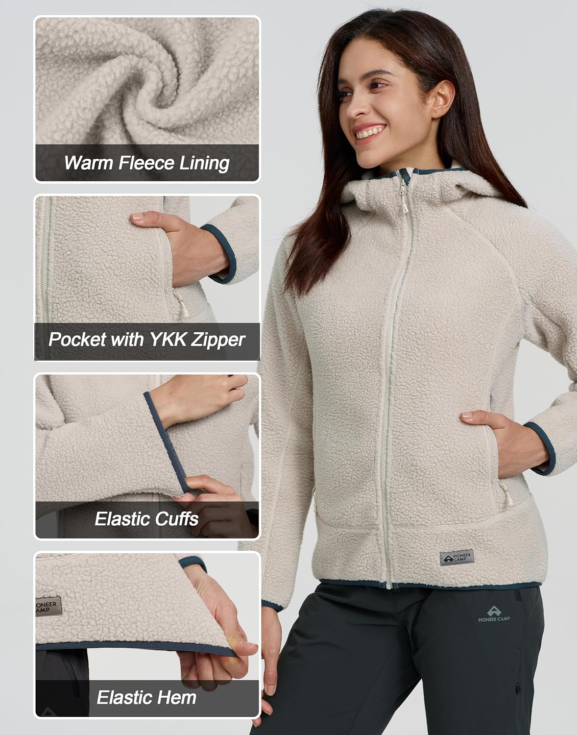 Pioneer Camp Outdoor Fleecejacke Damen Mit Kapuze Warm Teddyjacke Leicht – Bild 5
