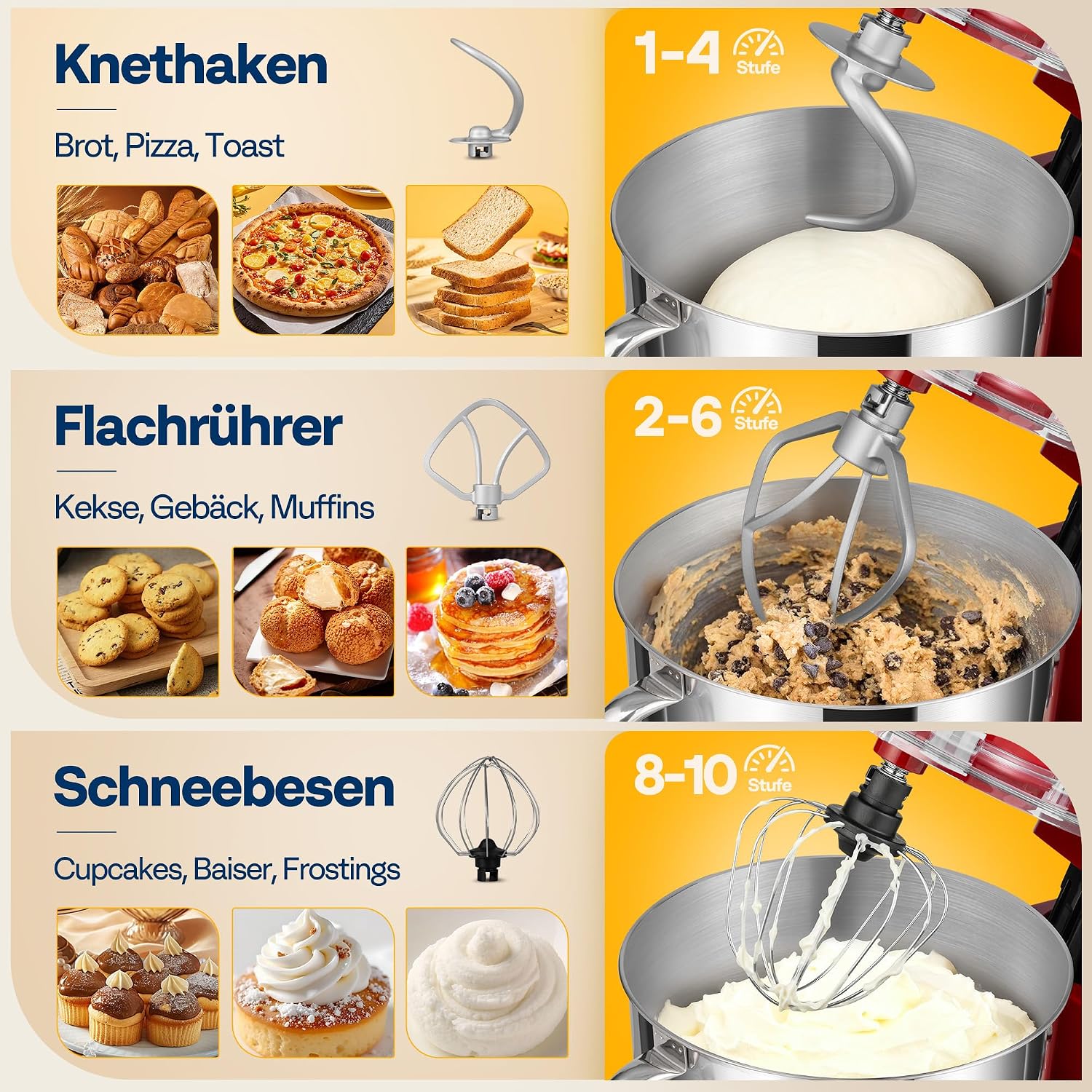 VIVOHOME 1500W Küchenmaschine 5,7L mit Edelstahlrührschüssel – Bild 4