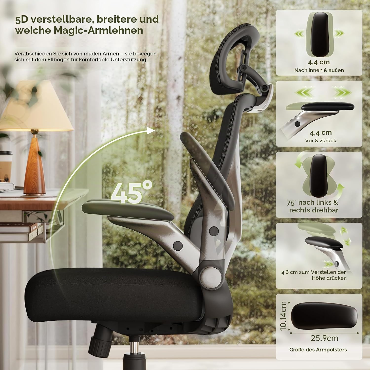 GABRYLLY Bürostuhl Ergonomisch, Ergonomischer Bürostühle mit Verstellbare Kopfstütze, Neigungsfunktion, Armlehnen, Ergonomic Office Desk Chair, Gaming Stuhl, Computerstuhl (Mitternachtsschwarz) – Bild 6