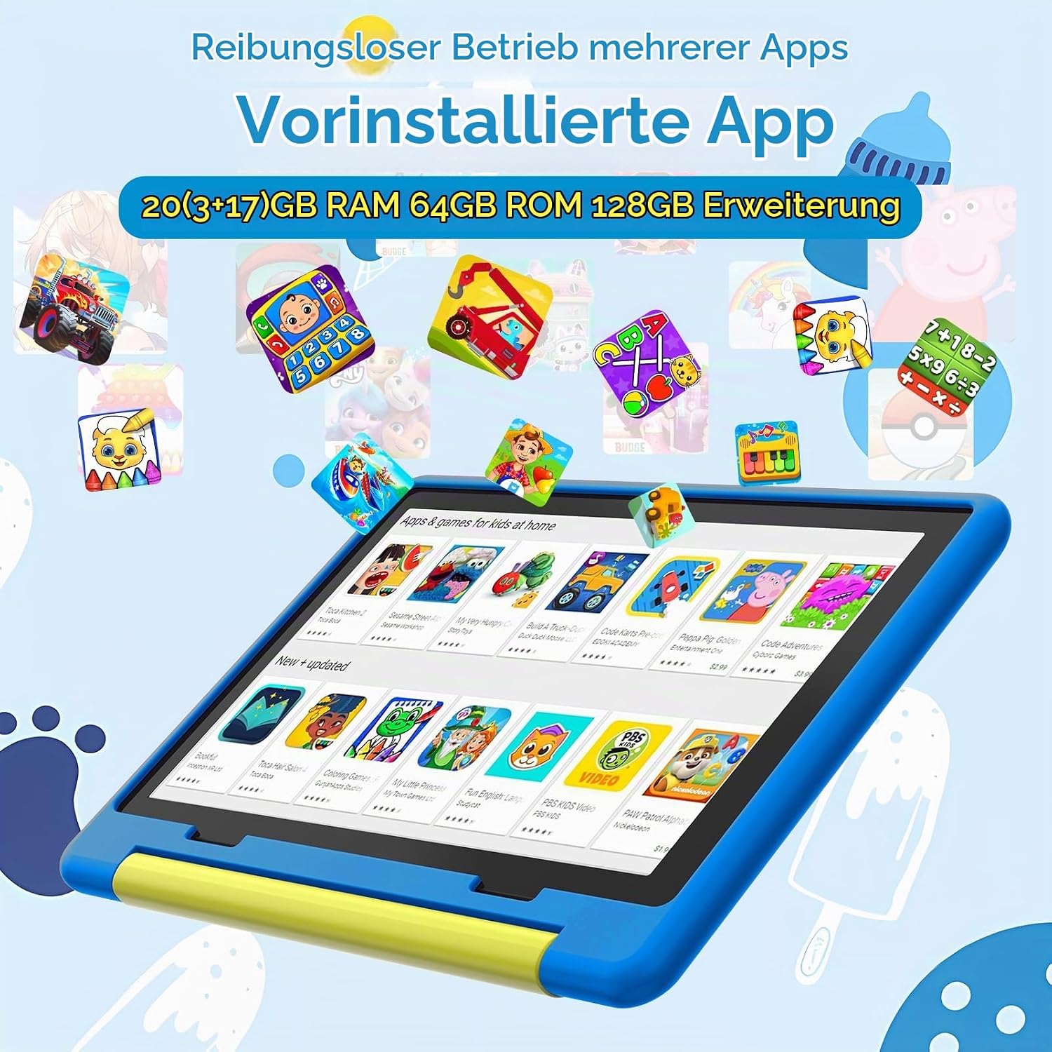 Kinder Tablet 10 Zoll, Android Tablet für Kinder mit 20 GB RAM+64GB ROM(TF 1TB), Octa Core, Wi-Fi 6G, Widevine L1, 5000mAh, Type-C, Sturzsicherer Schutzhülle Blau – Bild 3