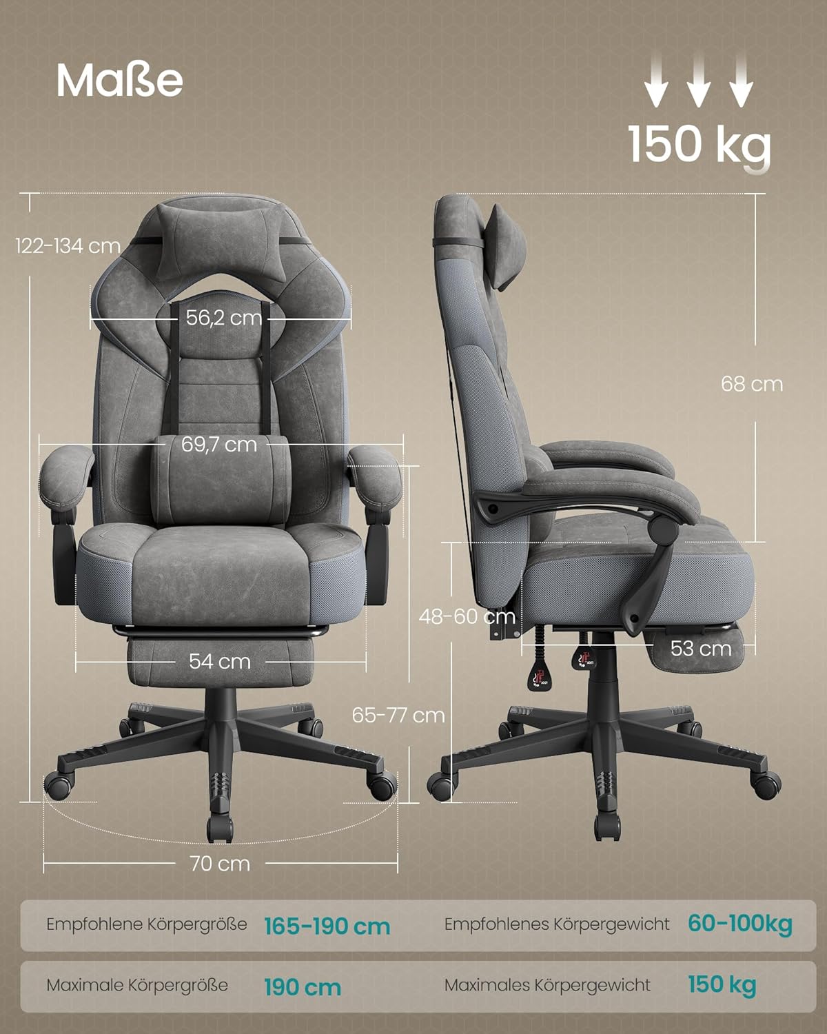 SONGMICS Gaming-Stuhl, Bürostuhl, mit Fußstütze, Tragkraft 150 kg – Bild 3
