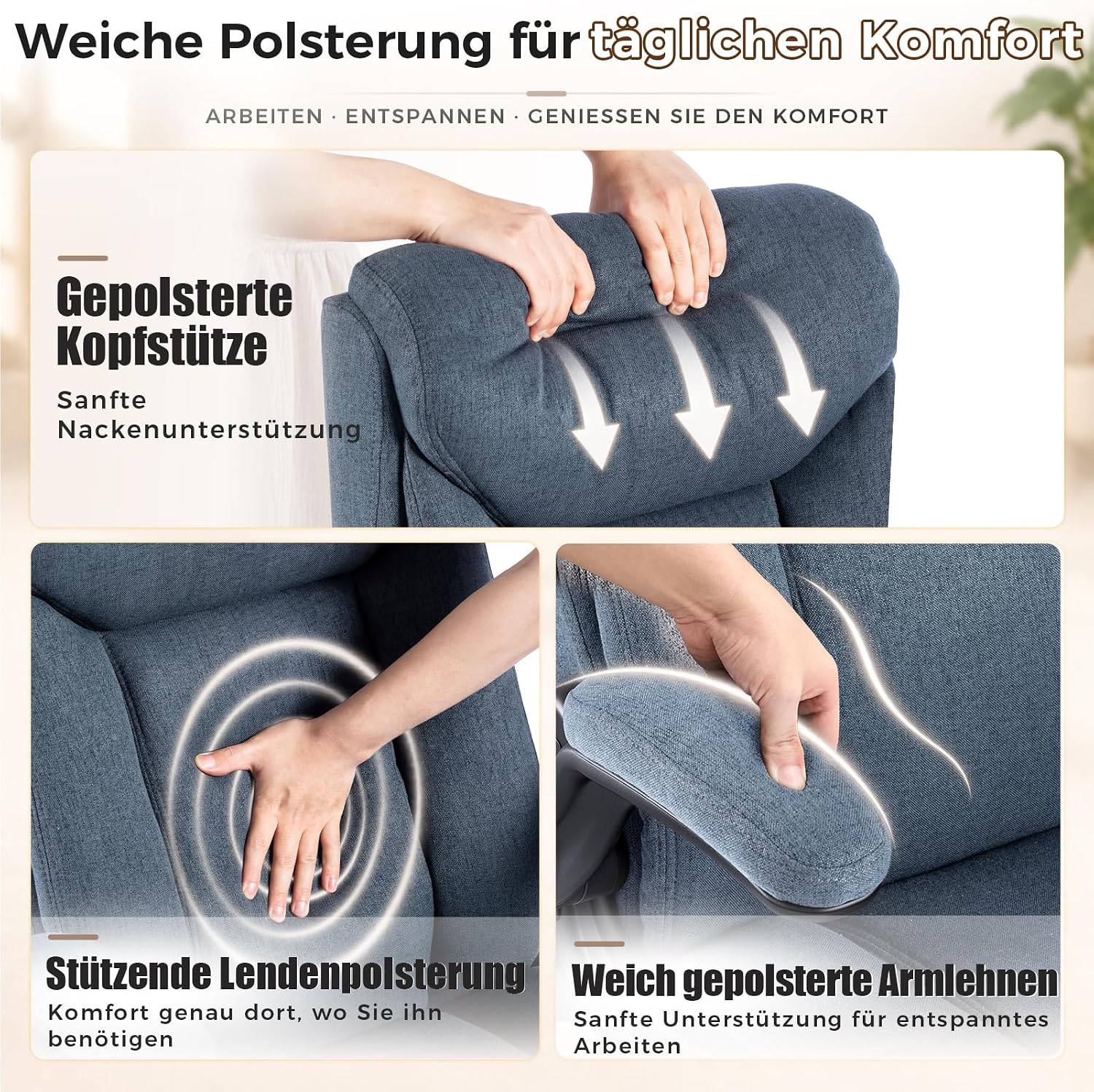 MZLEE Ergonomischer Bürostuhl Blau Stoff, für Arbeitszimmer & Home‑Office – Bild 7
